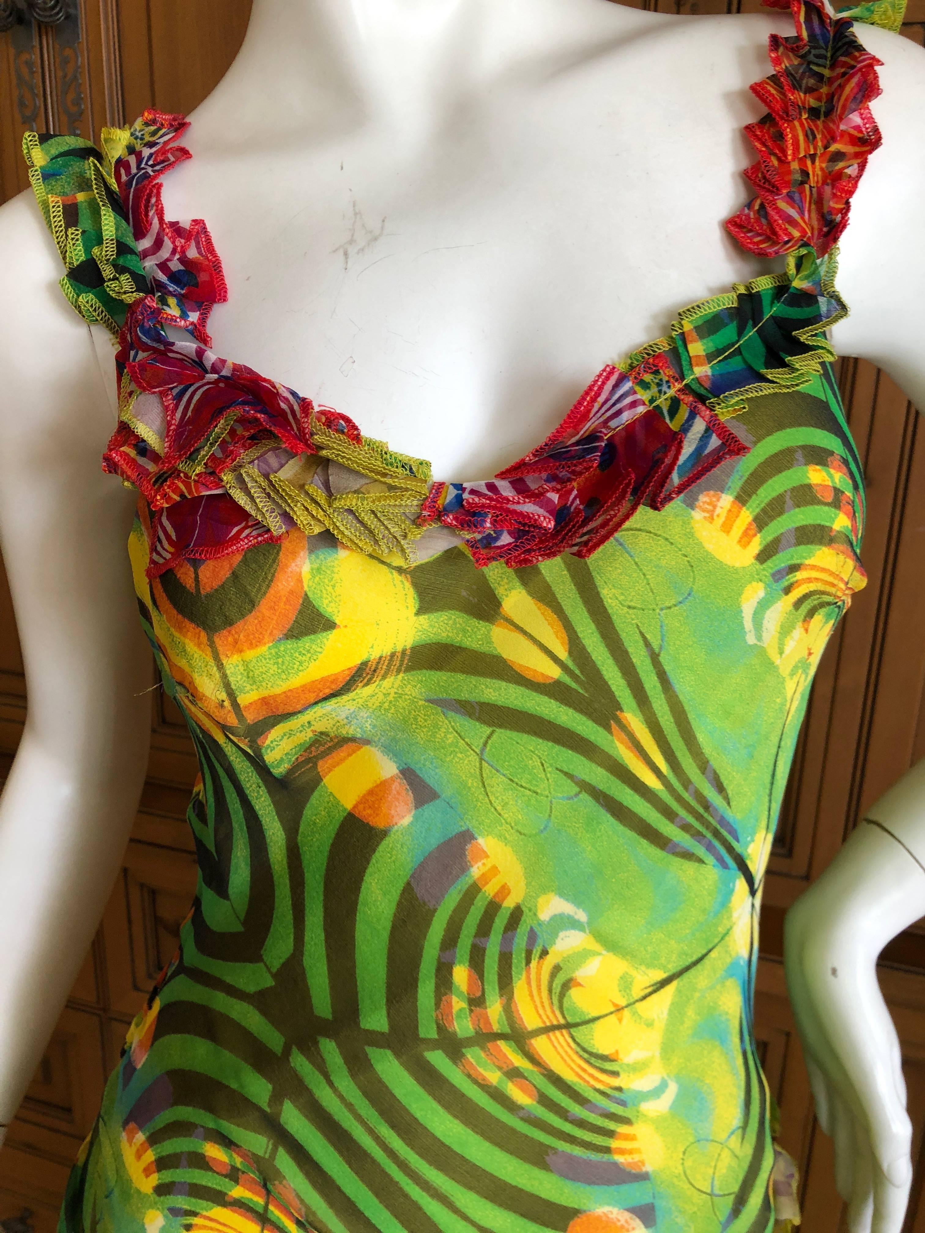 Women's John Galliano SS 2002 Psychedelic Print Bias Cut Vintage Ruffle Silk Dress For Sale