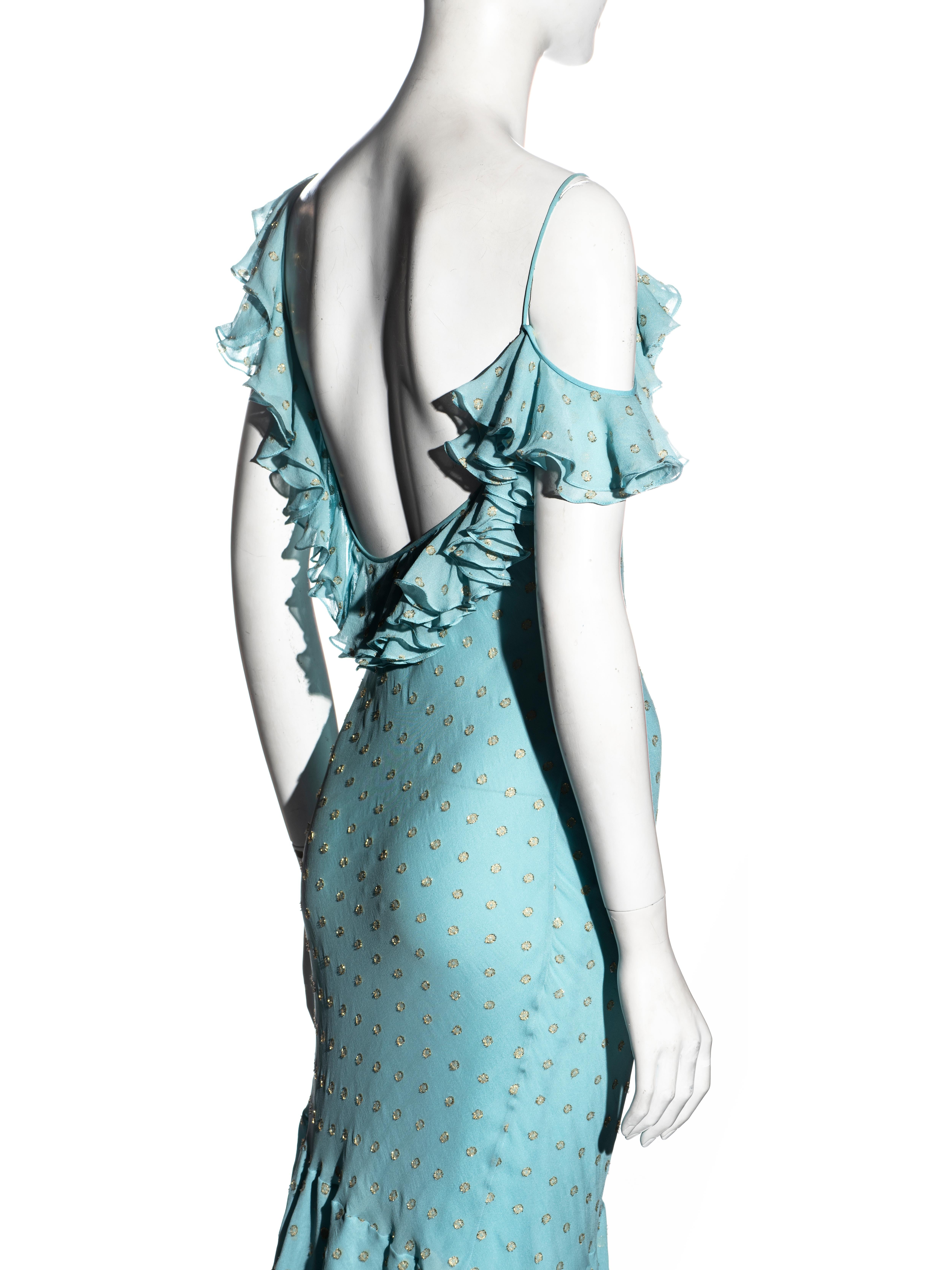 John Galliano aqua blue and gold silk chiffon bias cut cocktail dress, ss 2003 1