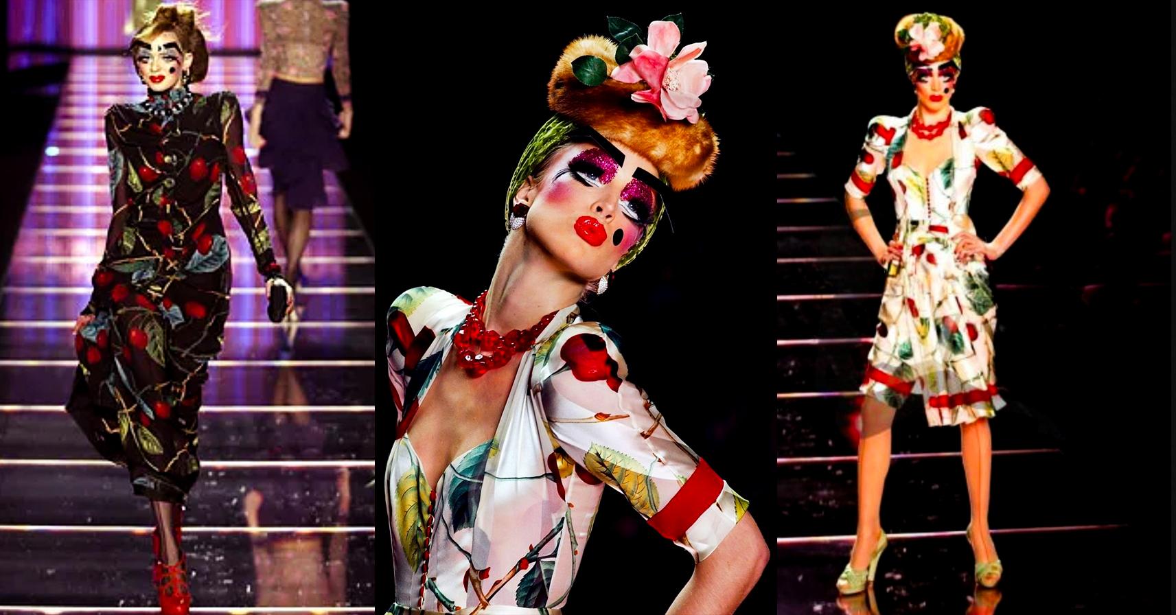 Icon John Galliano's beautiful creation: Assuming FW 2003 Collection. The dress is a masterful blend of playful charm, effortless glamour and and seductiveness. This exquisite piece features a striking cherry print that dances across a deep black