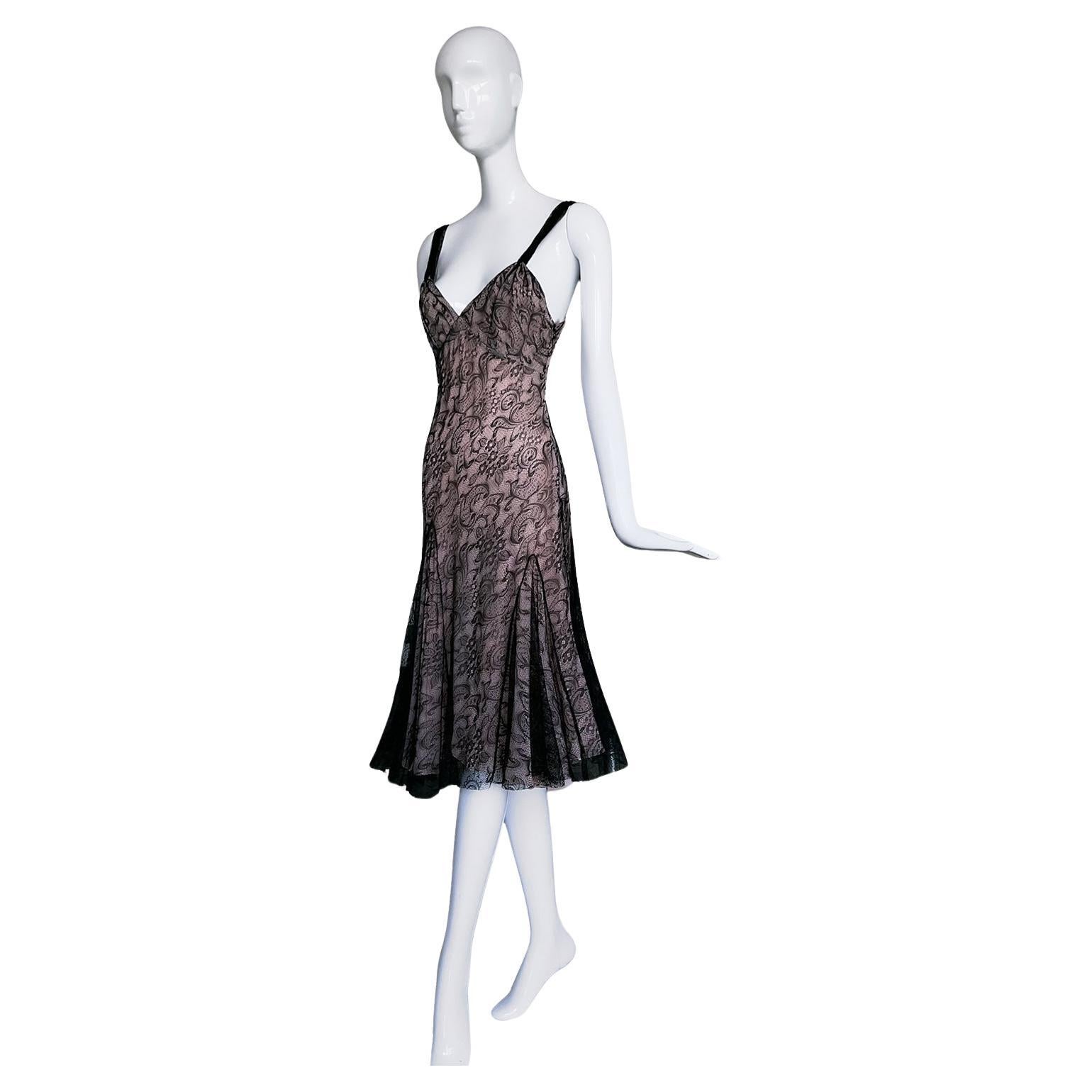 John Galliano Archival Beautiful Lace Dress Powder Blush Black For Sale