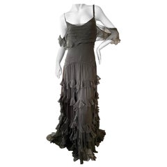 John Galliano Army Green Silk Ruffled Evening Dress with Dramatic Low Back