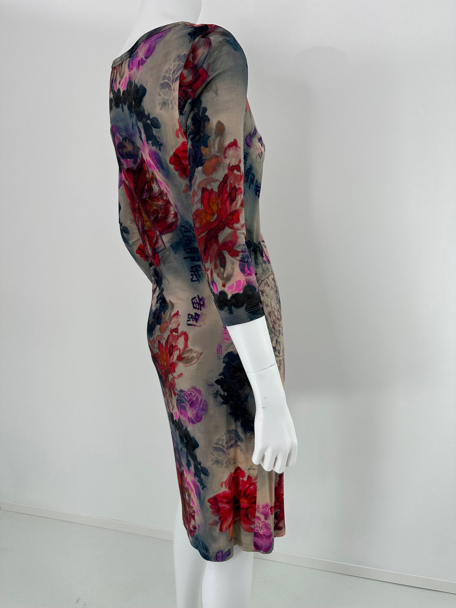 John Galliano - Robe à col V en maille extensible imprimée sur le thème de l'Asie Pour femmes en vente