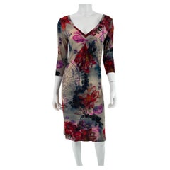 John Galliano Asian Theme Stretch Knit Print V Neck Dress