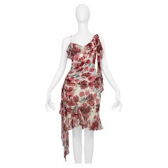 John Galliano Asymmetrical Red Floral Chiffon Wrap Dress