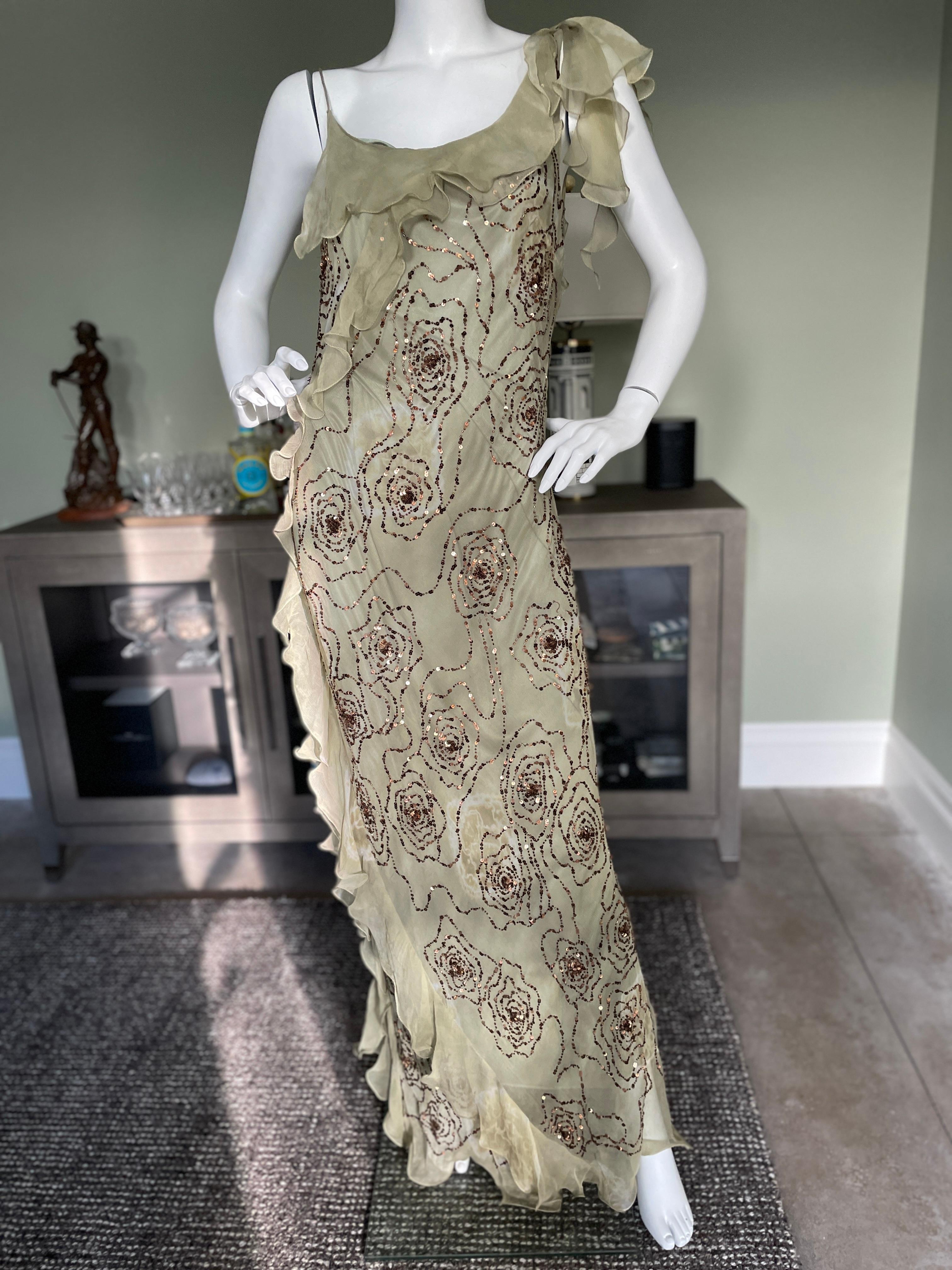 John Galliano (Atrributed) Bias Cut Ruffled Floral Bead Tie Dye Evening Dress In Good Condition For Sale In Cloverdale, CA