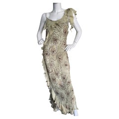 John Galliano (Atrributed) Bias Cut Ruffled Floral Bead Tie Dye Evening Dress
