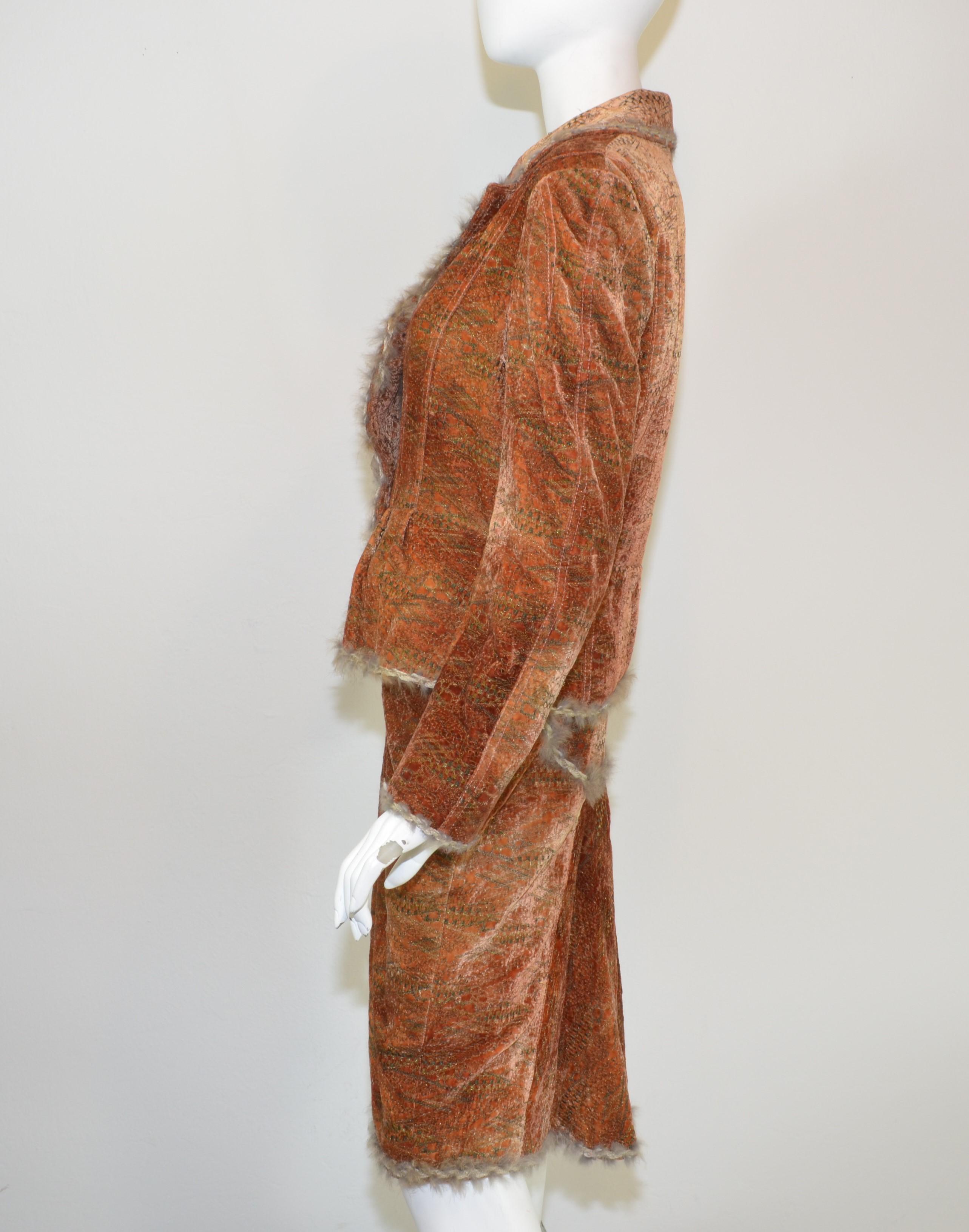 Brown John Galliano Auburn Knit Velvet Skirt and Jacket Set with Lapin Trim