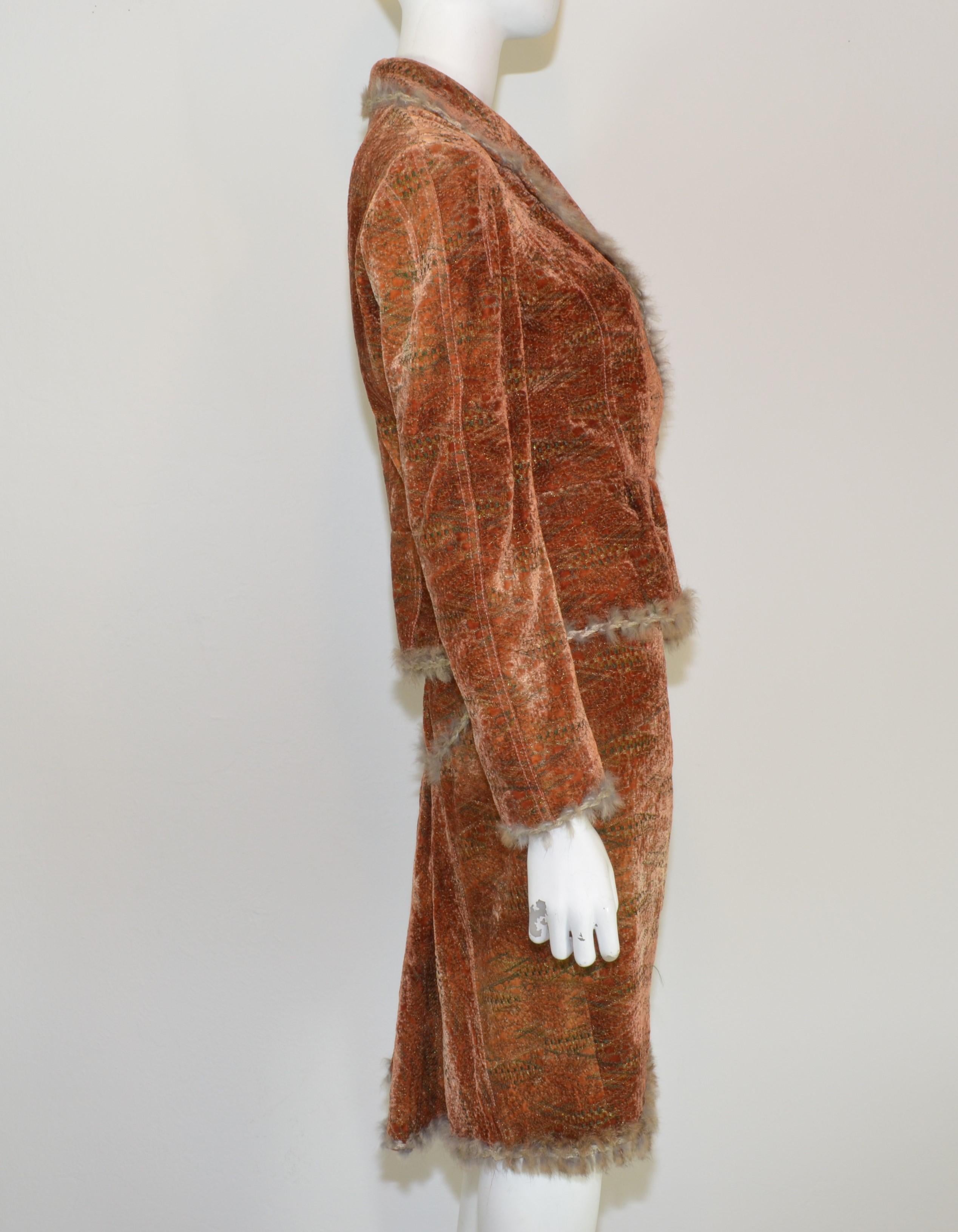 John Galliano Auburn Knit Velvet Skirt and Jacket Set with Lapin Trim In Excellent Condition In Carmel, CA