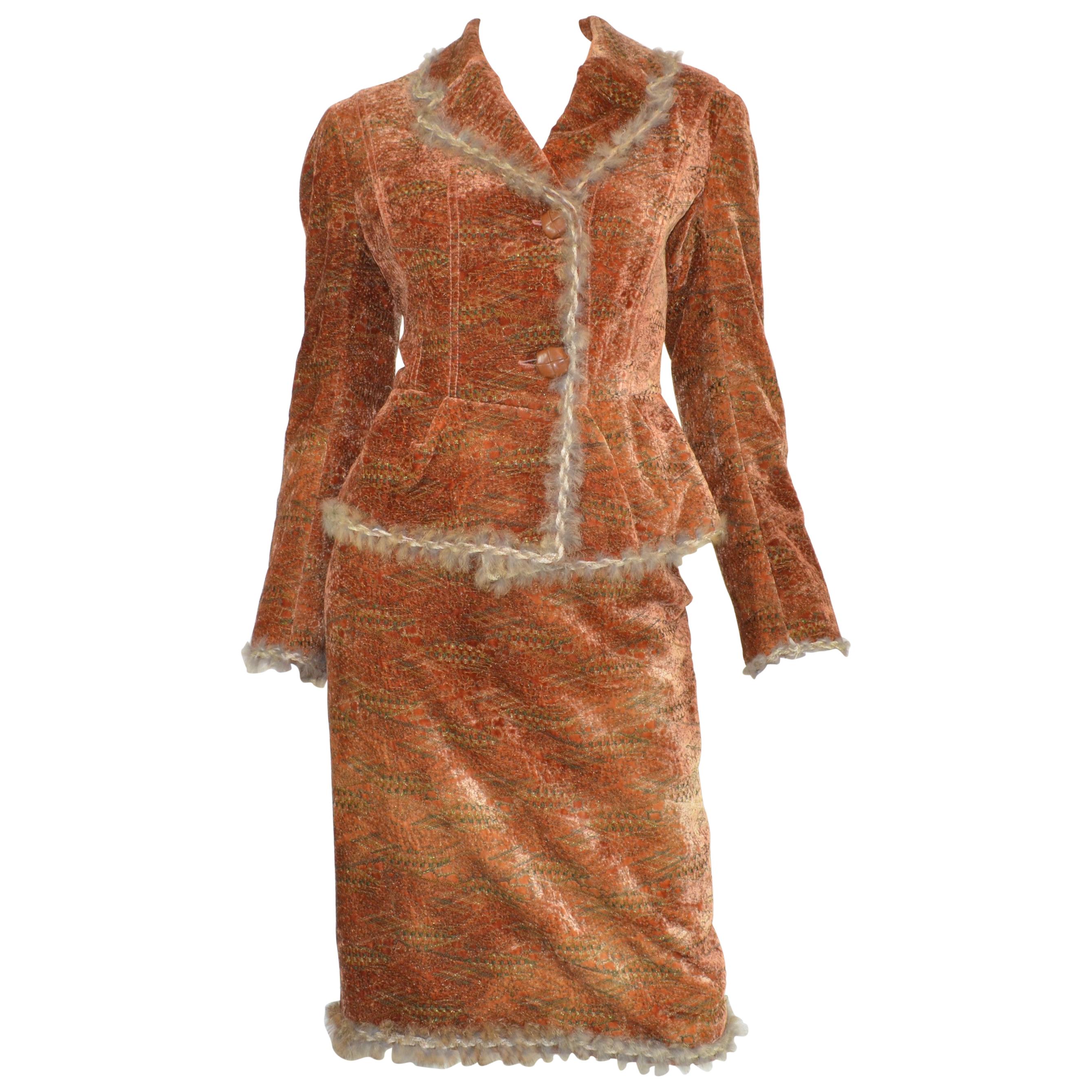 John Galliano Auburn Knit Velvet Skirt and Jacket Set with Lapin Trim