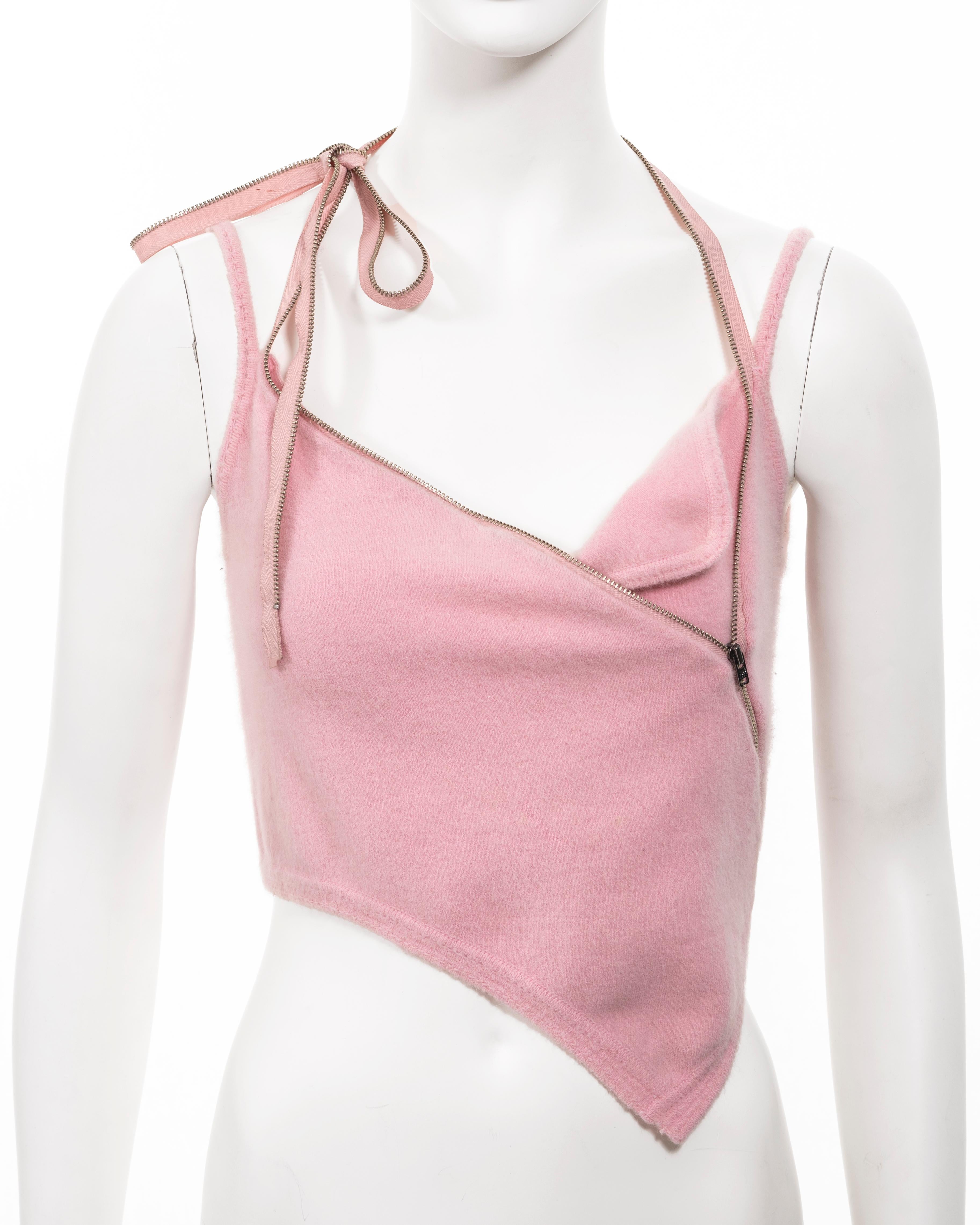 Women's John Galliano baby pink fuzzy knitted crop top with zippers, ss 2000 For Sale