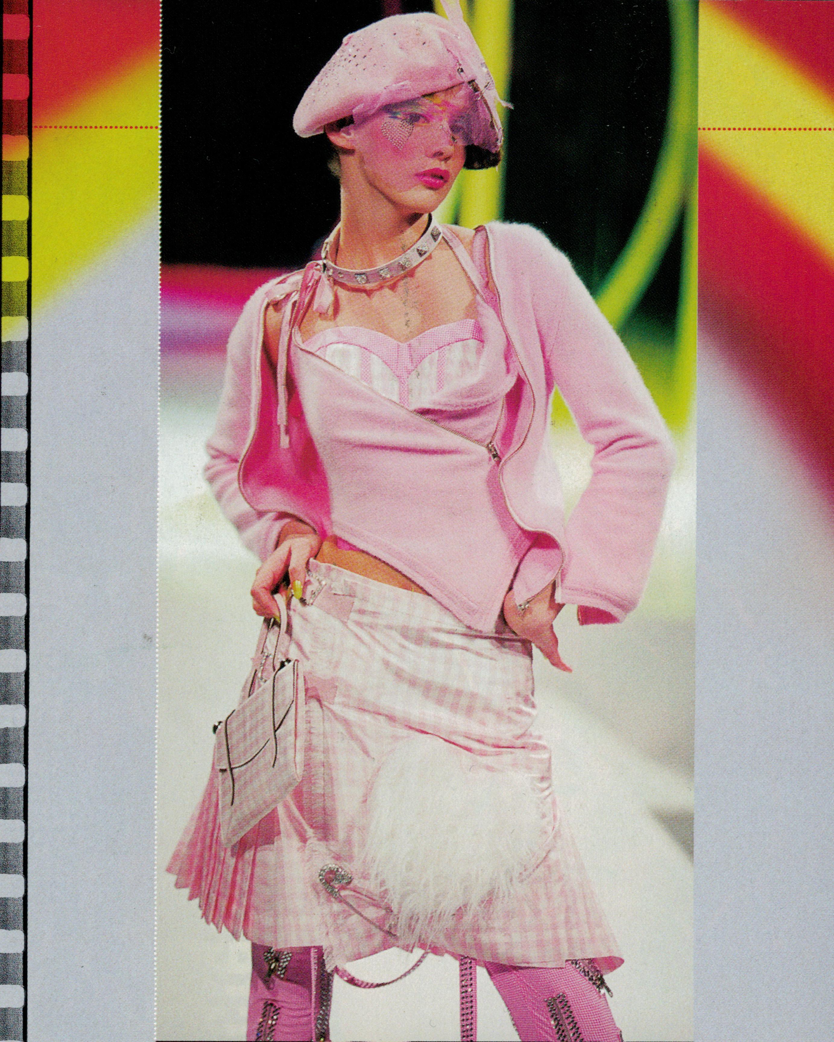 Beige John Galliano baby pink fuzzy knitted crop top with zippers, ss 2000 For Sale