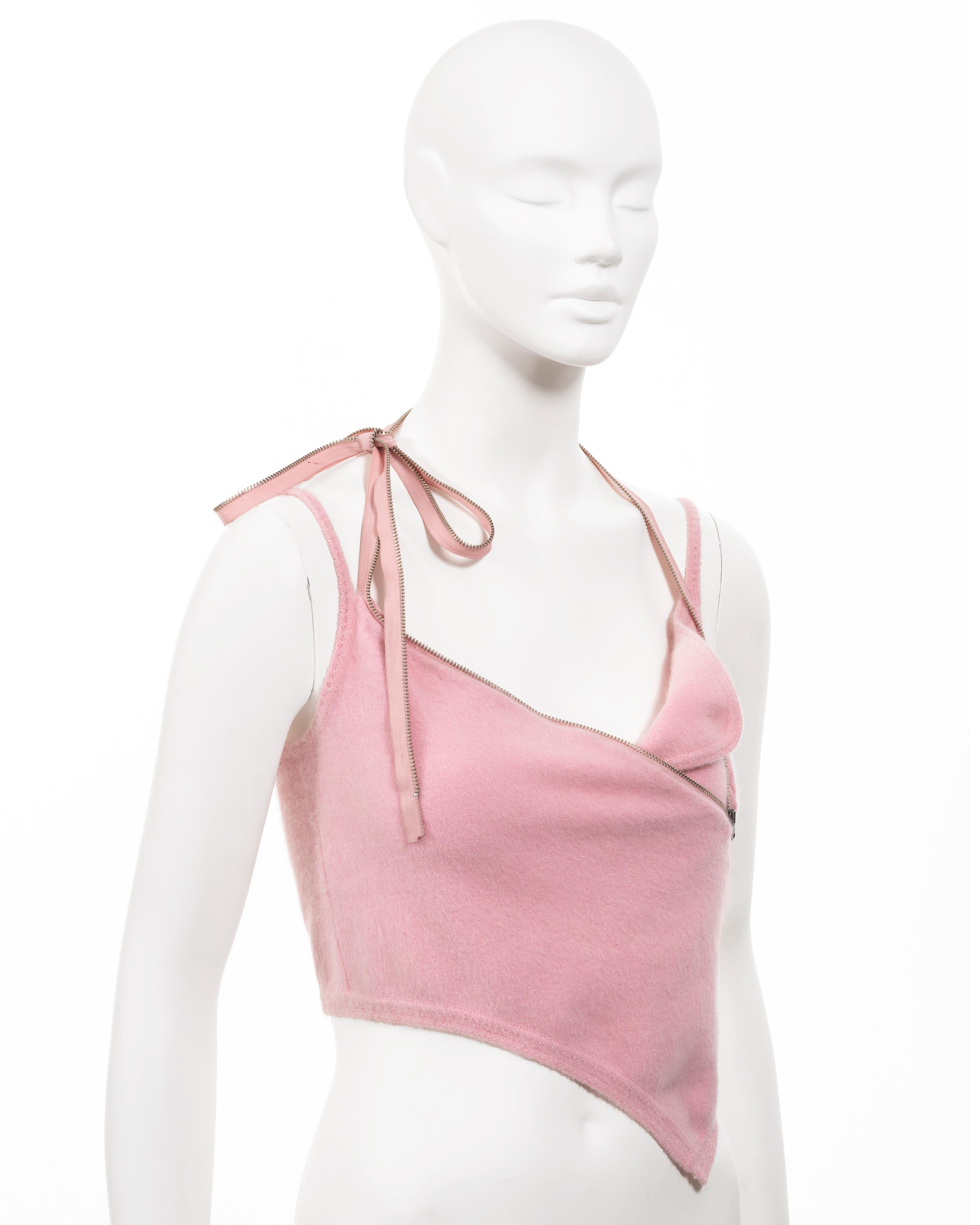 John Galliano baby pink fuzzy knitted crop top with zippers, ss 2000 For Sale 1