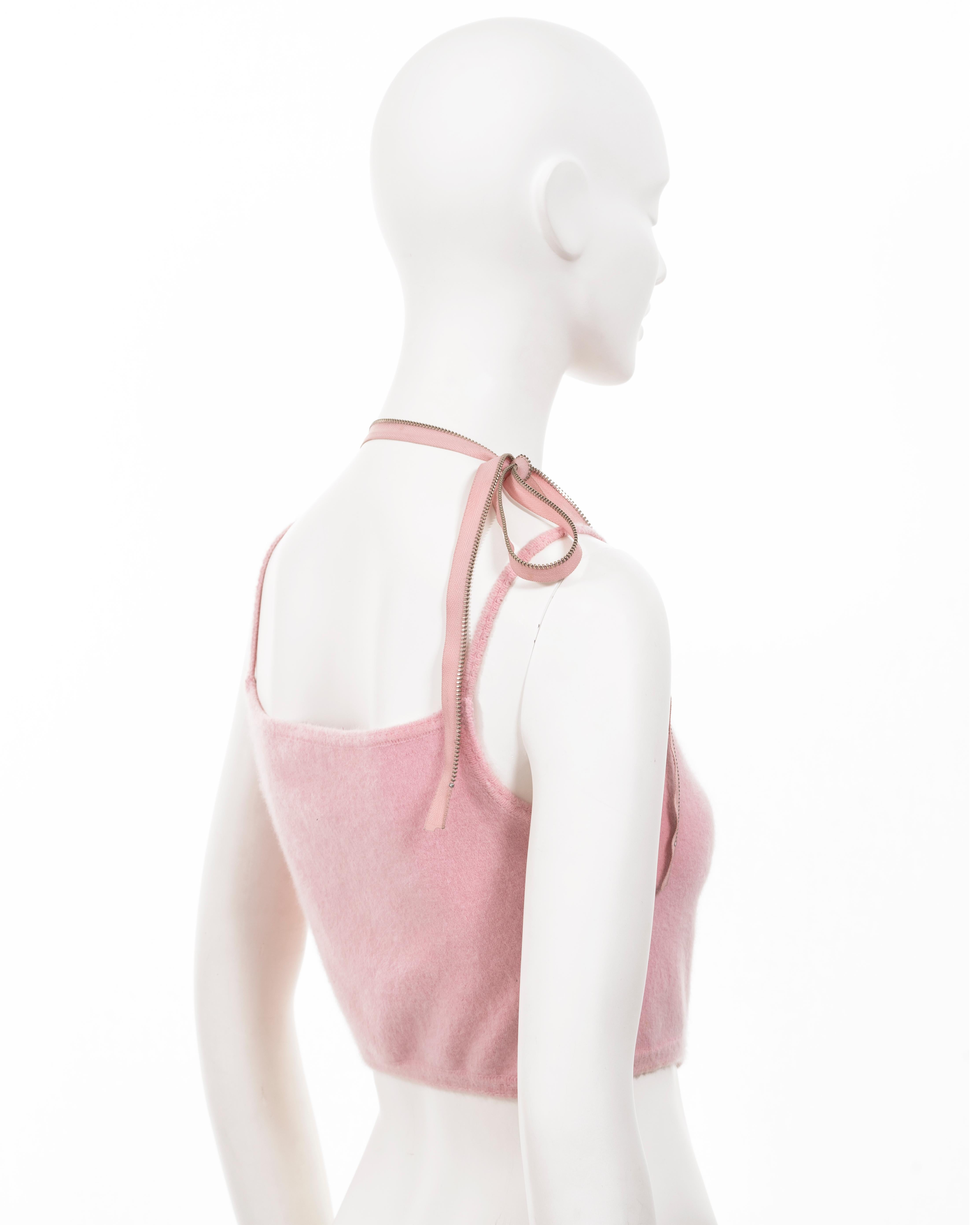John Galliano baby pink fuzzy knitted crop top with zippers, ss 2000 For Sale 3