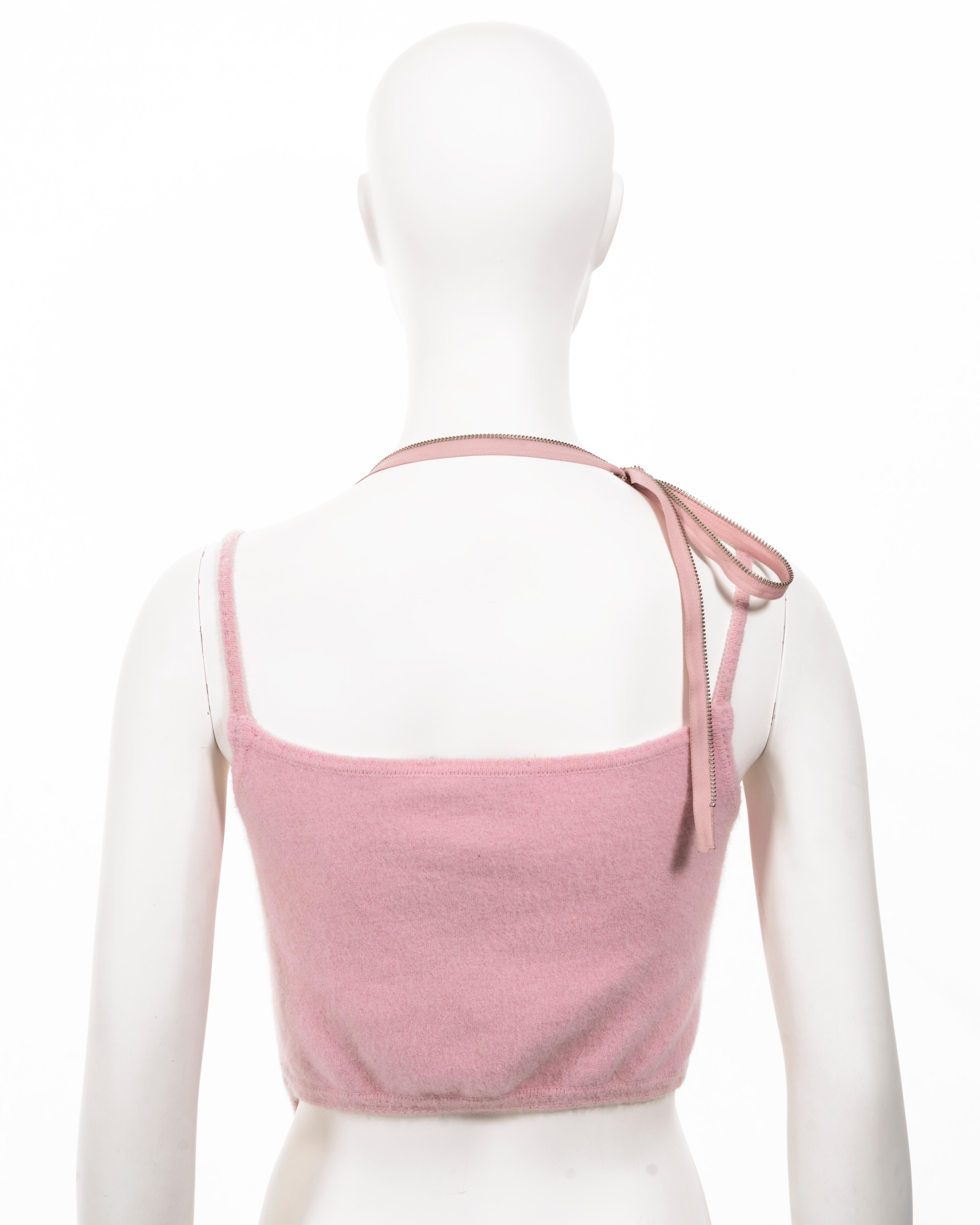 John Galliano baby pink fuzzy knitted crop top with zippers, ss 2000 For Sale 4