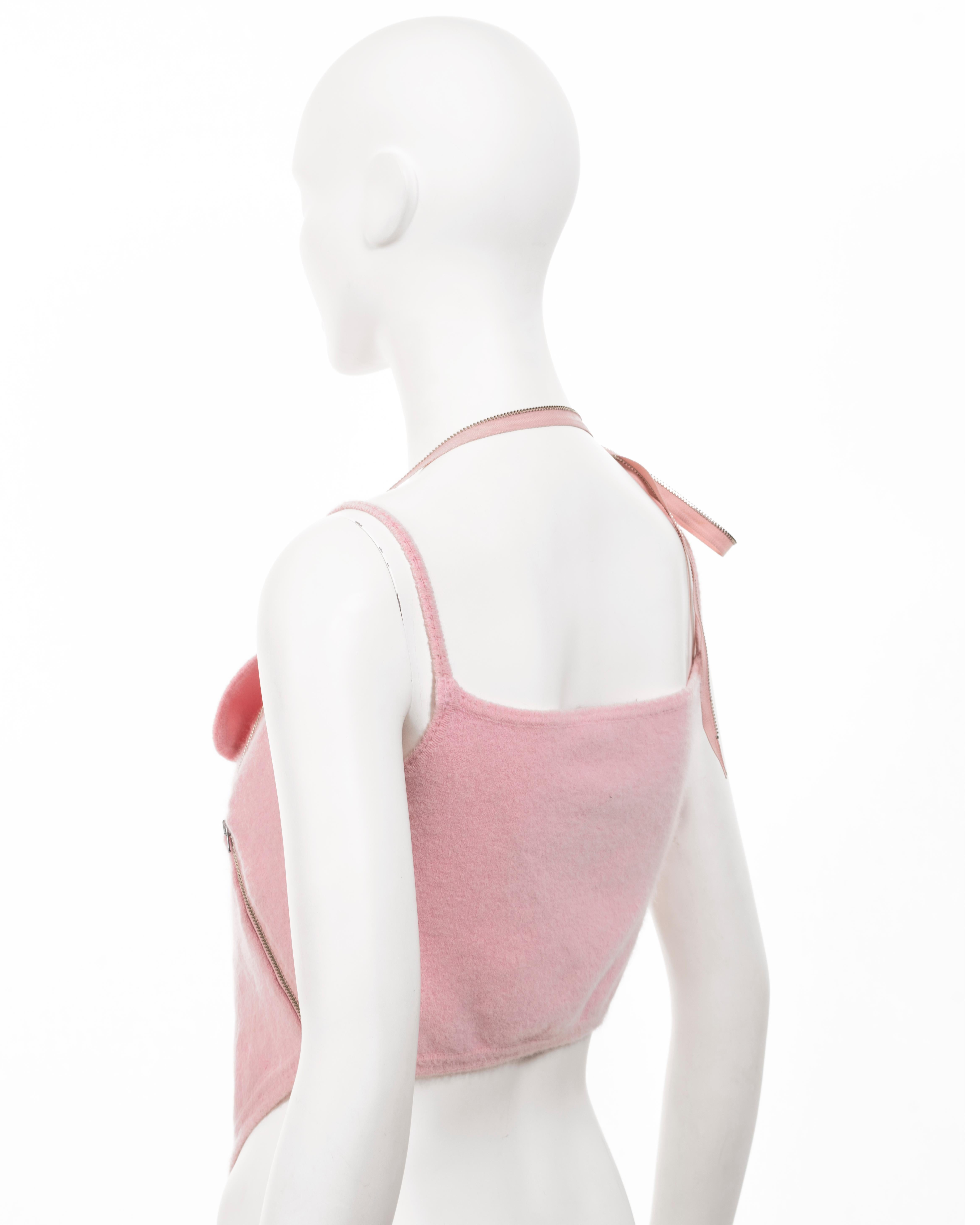 John Galliano baby pink fuzzy knitted crop top with zippers, ss 2000 For Sale 4