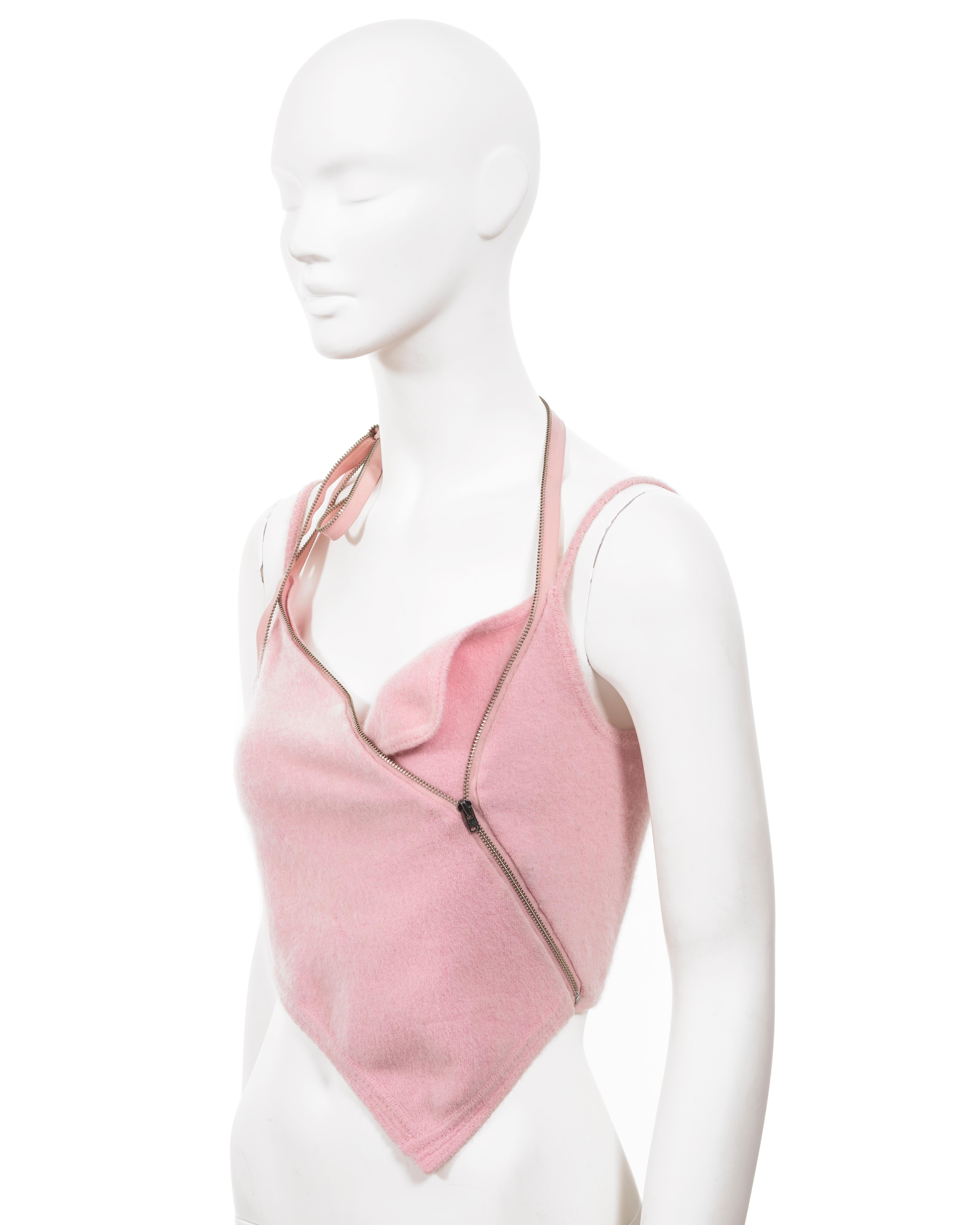John Galliano baby pink fuzzy knitted crop top with zippers, ss 2000 For Sale 6