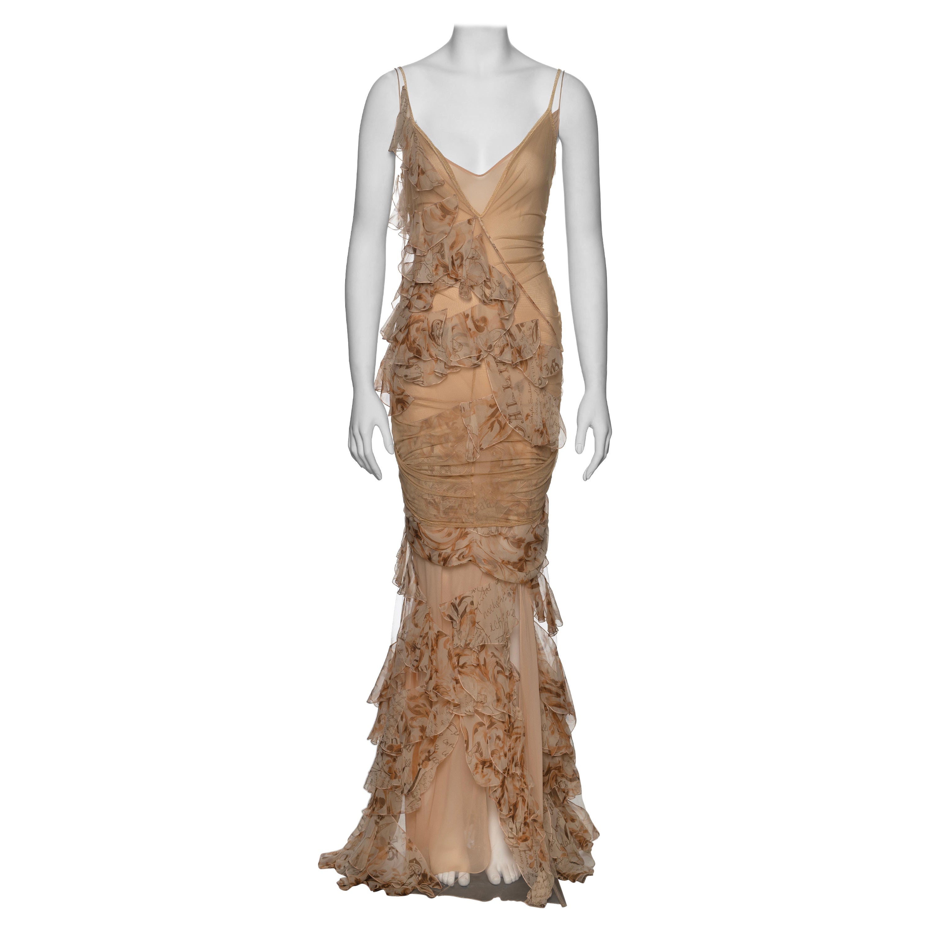 John Galliano Beige Stretch Tulle And Ruffled Silk Evening Dress, SS 2006
