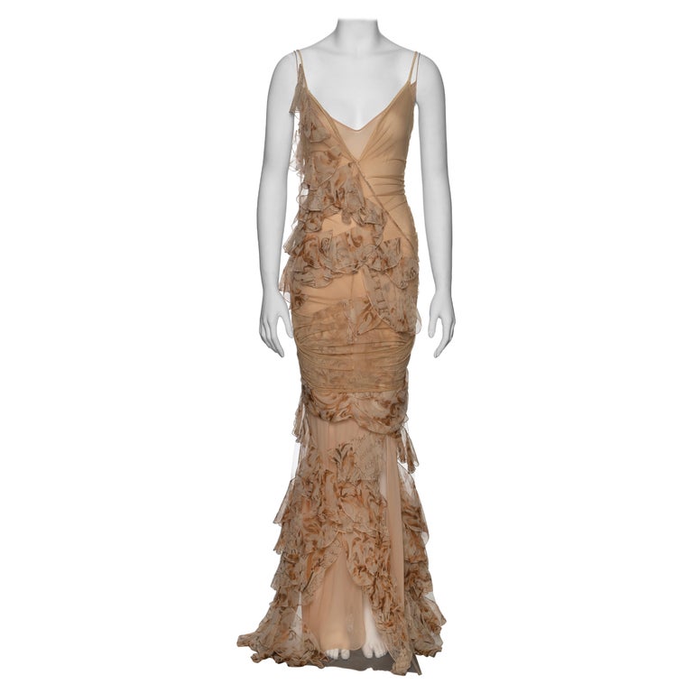 John Galliano Beige Stretch Tulle And Ruffled Silk Evening Dress