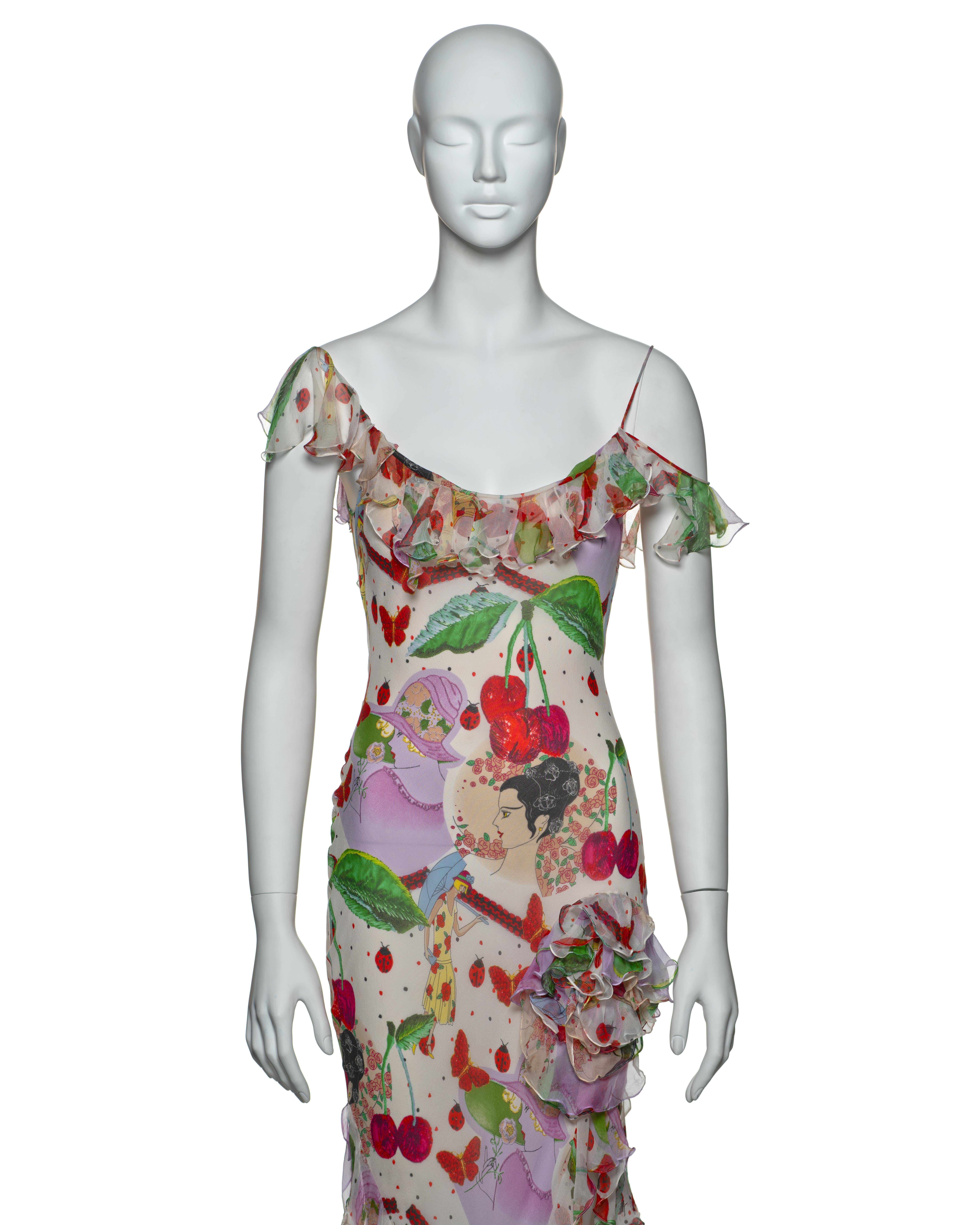 Gray John Galliano Bias Cut Chiffon Dress with Novelty Print and Ruffles, SS 2005