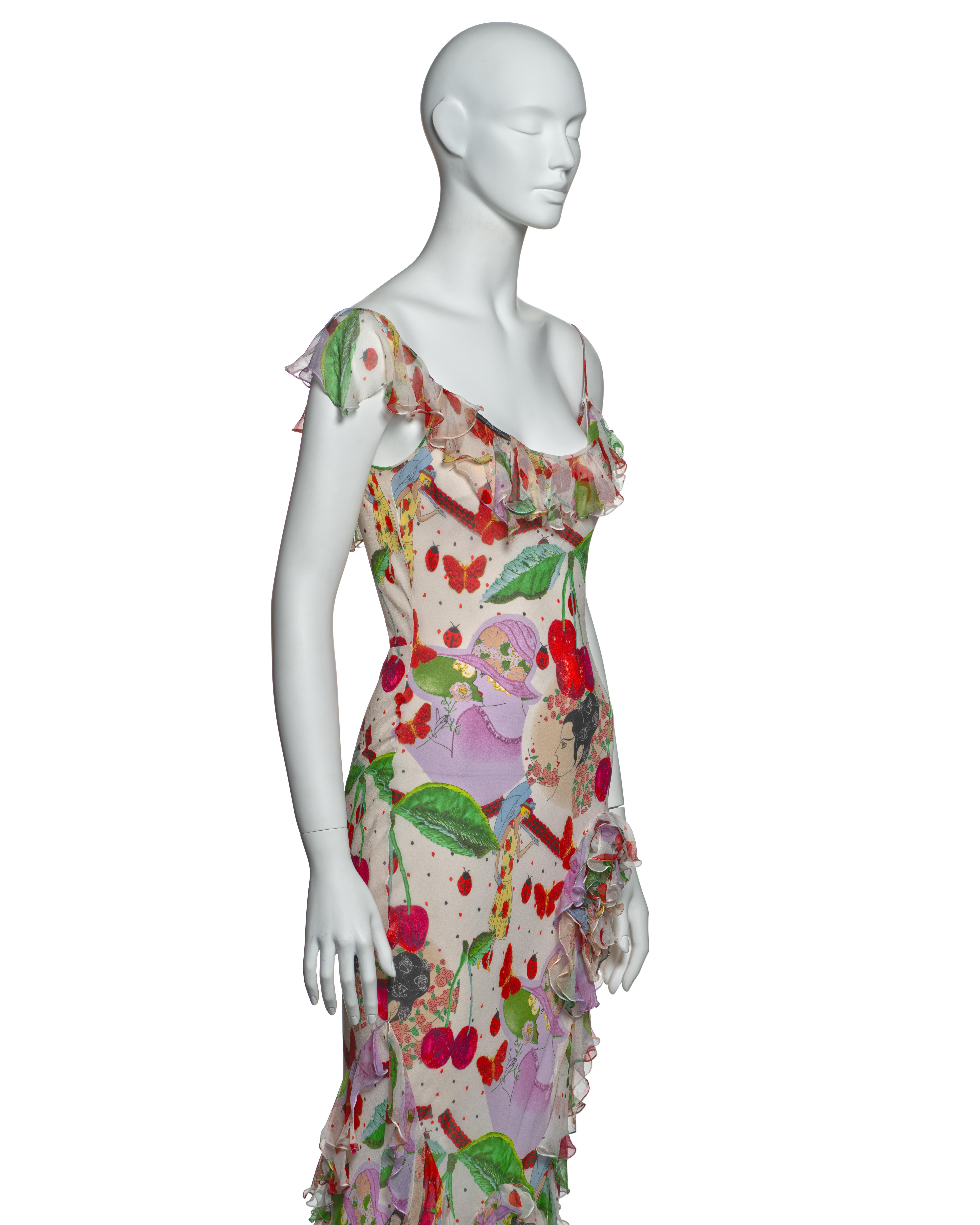 Women's John Galliano Bias Cut Chiffon Dress with Novelty Print and Ruffles, SS 2005