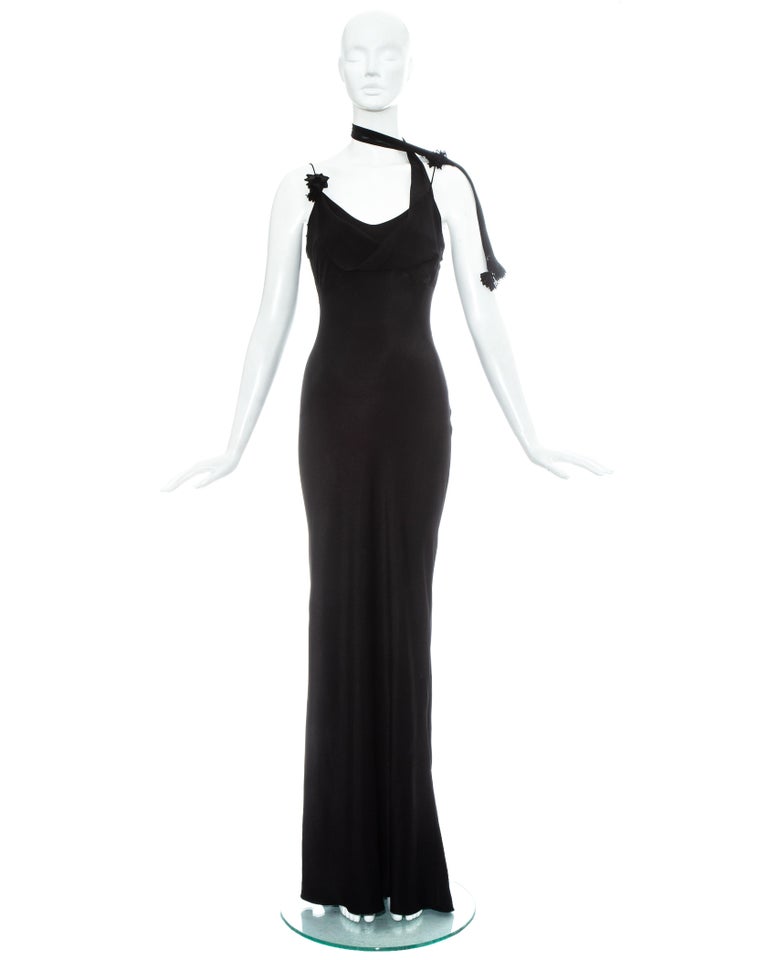 John Galliano black acetate evening dress with attached chiffon scarf ...