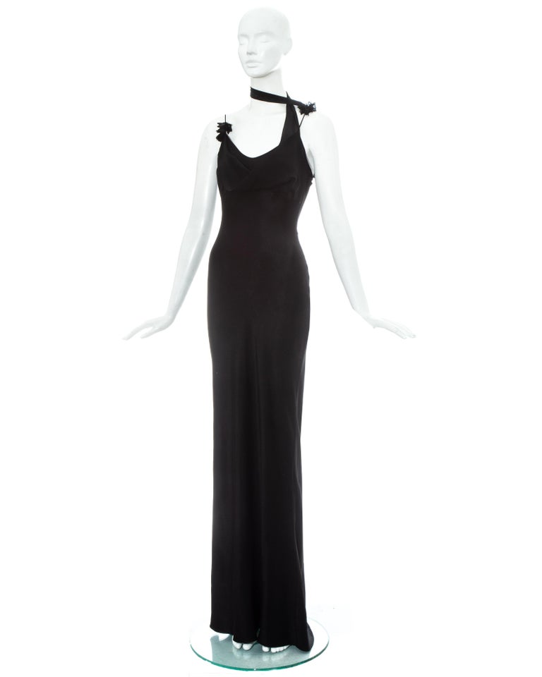 John Galliano black acetate evening dress with attached chiffon scarf ...