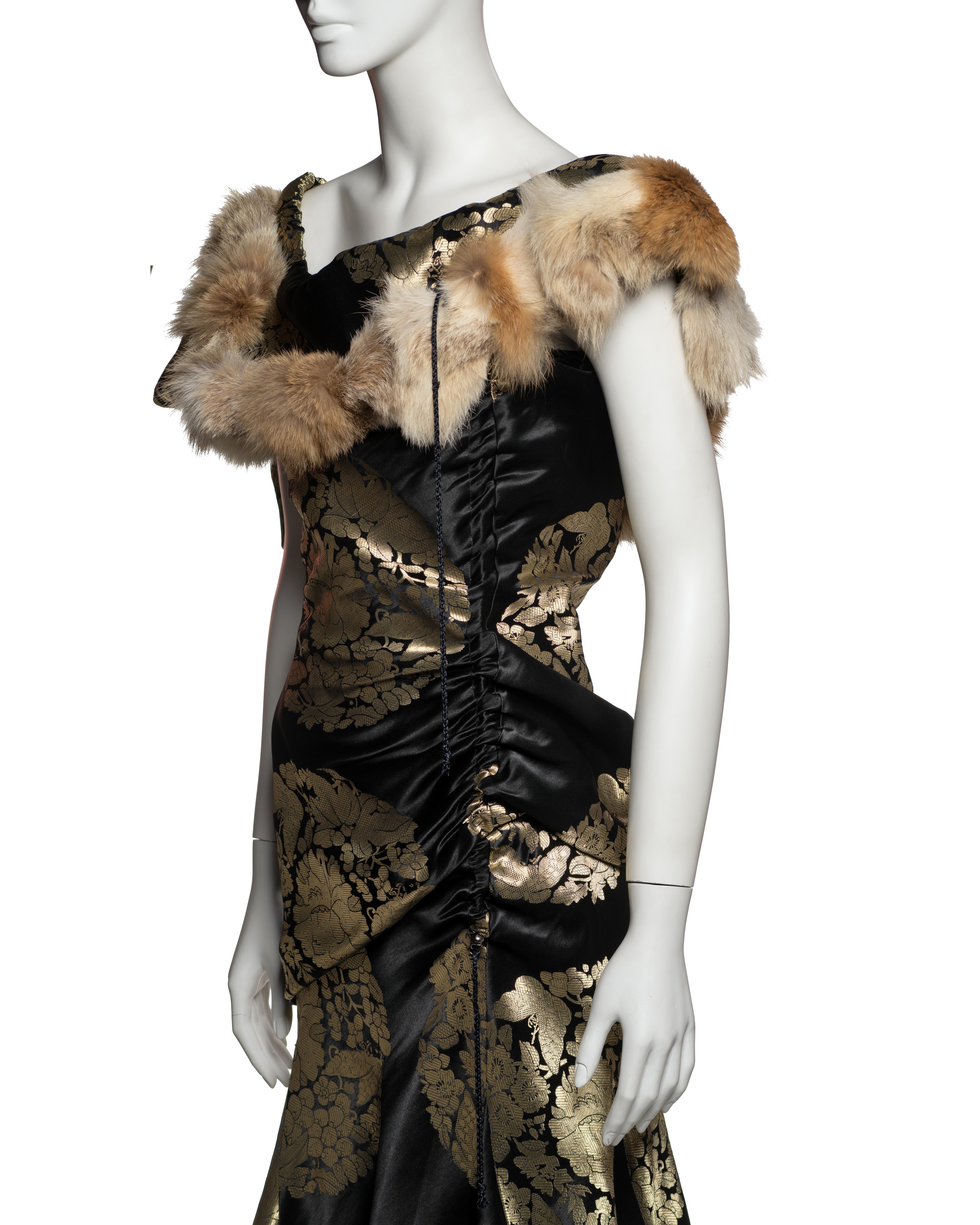 John Galliano Black and Gold Silk Brocade Dress with Coyote Fur, FW 2002 6