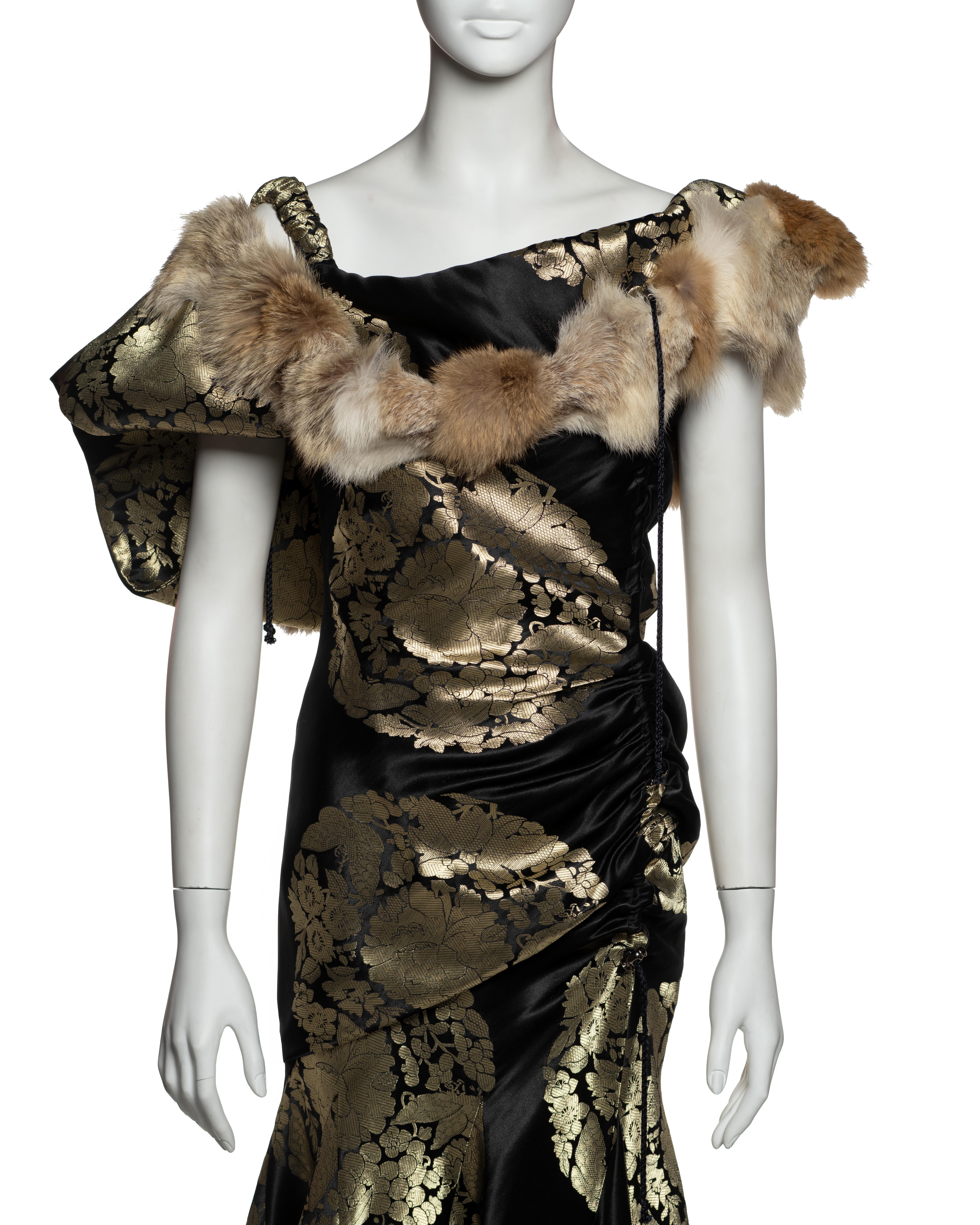 John Galliano Black and Gold Silk Brocade Dress with Coyote Fur, FW 2002 In Excellent Condition In London, GB