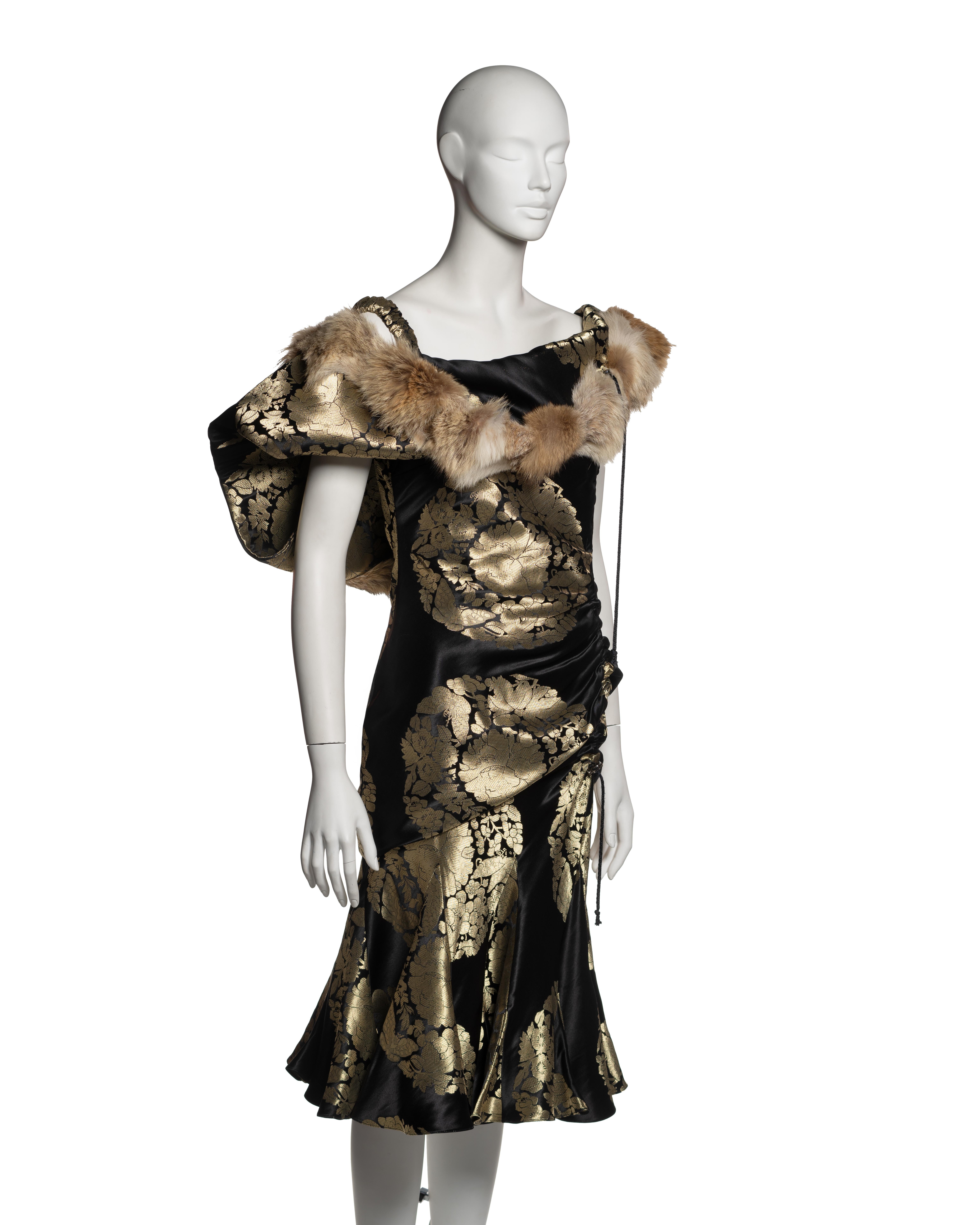 Women's John Galliano Black and Gold Silk Brocade Dress with Coyote Fur, FW 2002
