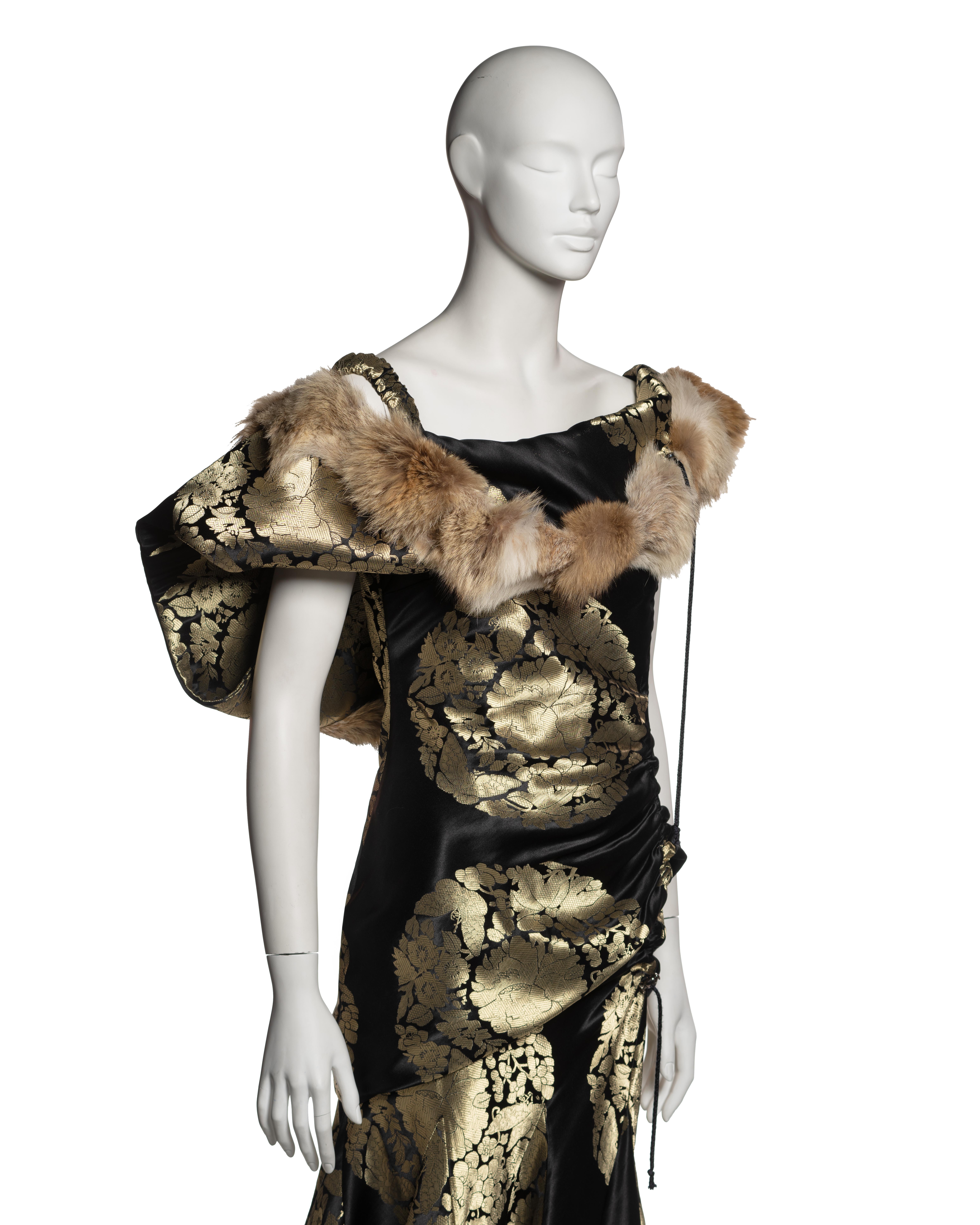 John Galliano Black and Gold Silk Brocade Dress with Coyote Fur, FW 2002 1