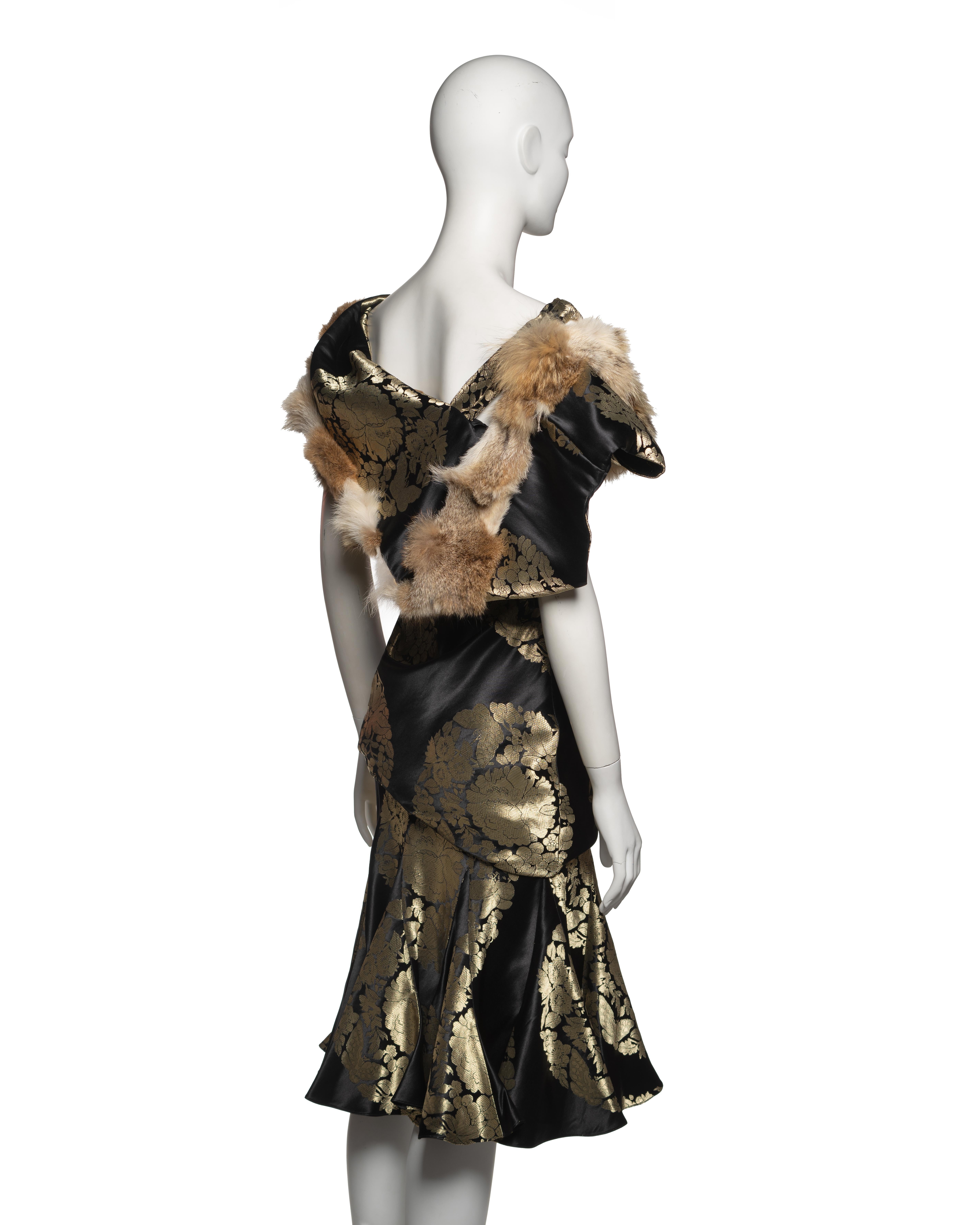 John Galliano Black and Gold Silk Brocade Dress with Coyote Fur, FW 2002 2
