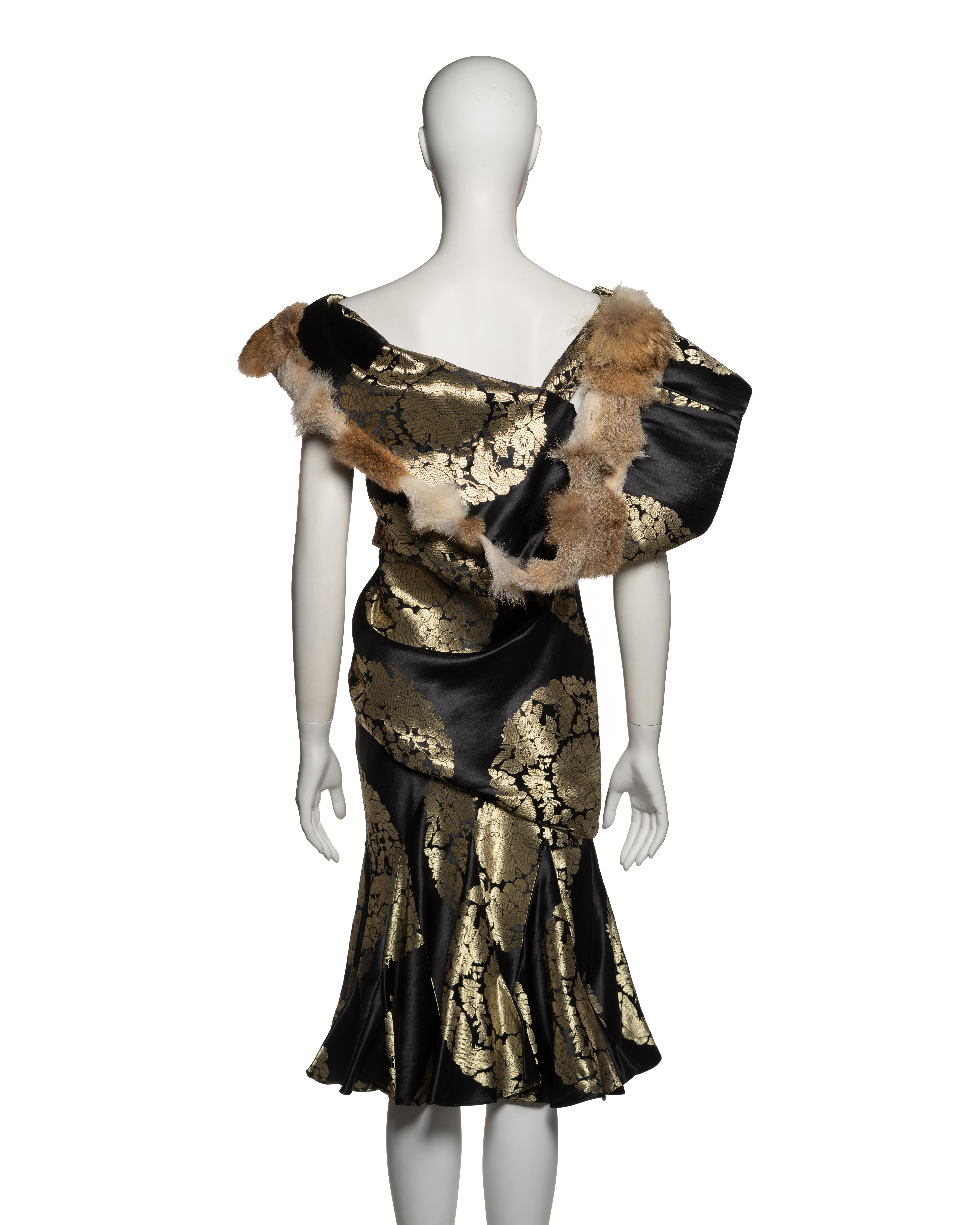 John Galliano Black and Gold Silk Brocade Dress with Coyote Fur, FW 2002 3