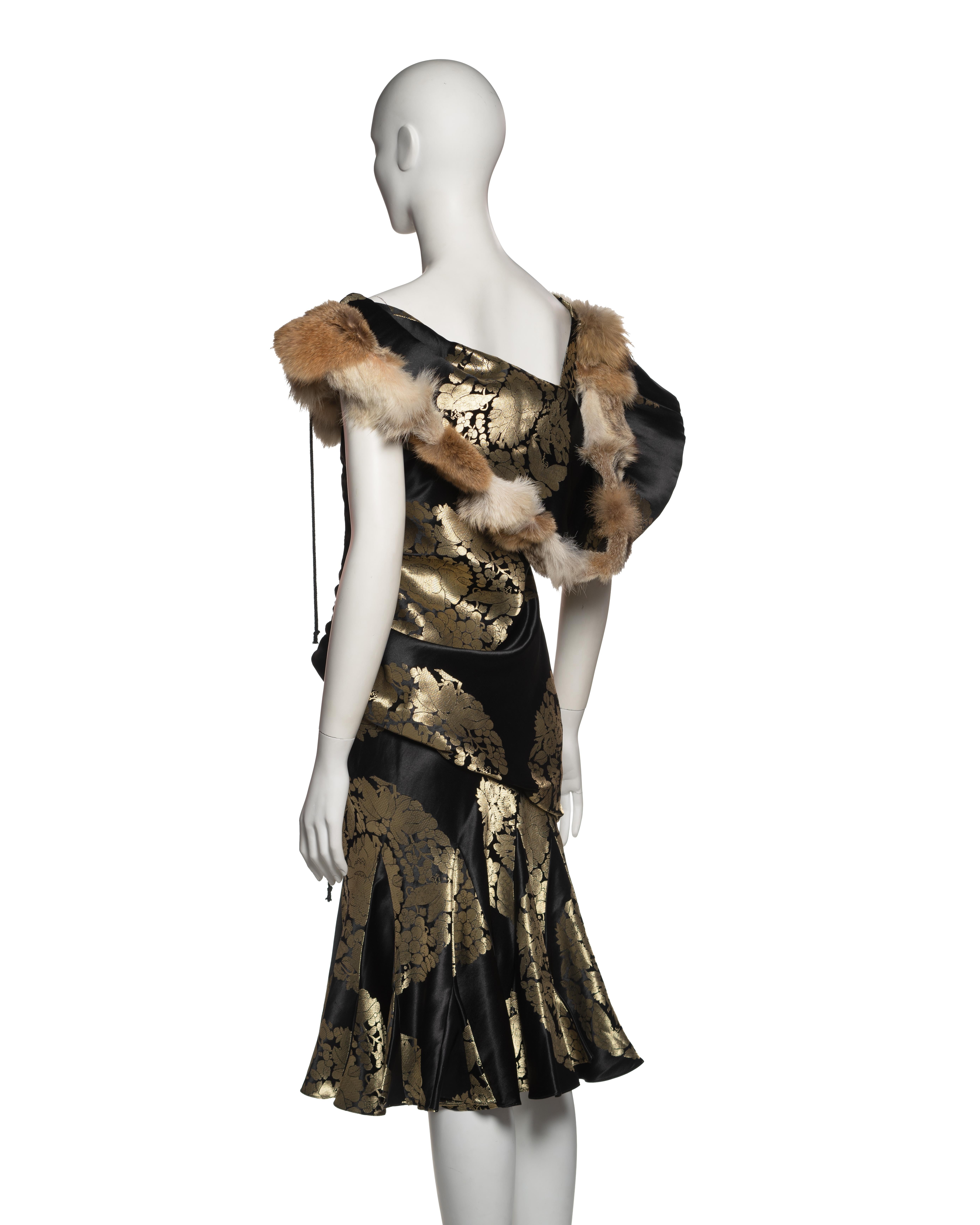 John Galliano Black and Gold Silk Brocade Dress with Coyote Fur, FW 2002 4