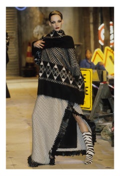 John Galliano Black And Gray Chevron Mohair Sweater With Oversized Neck 1999