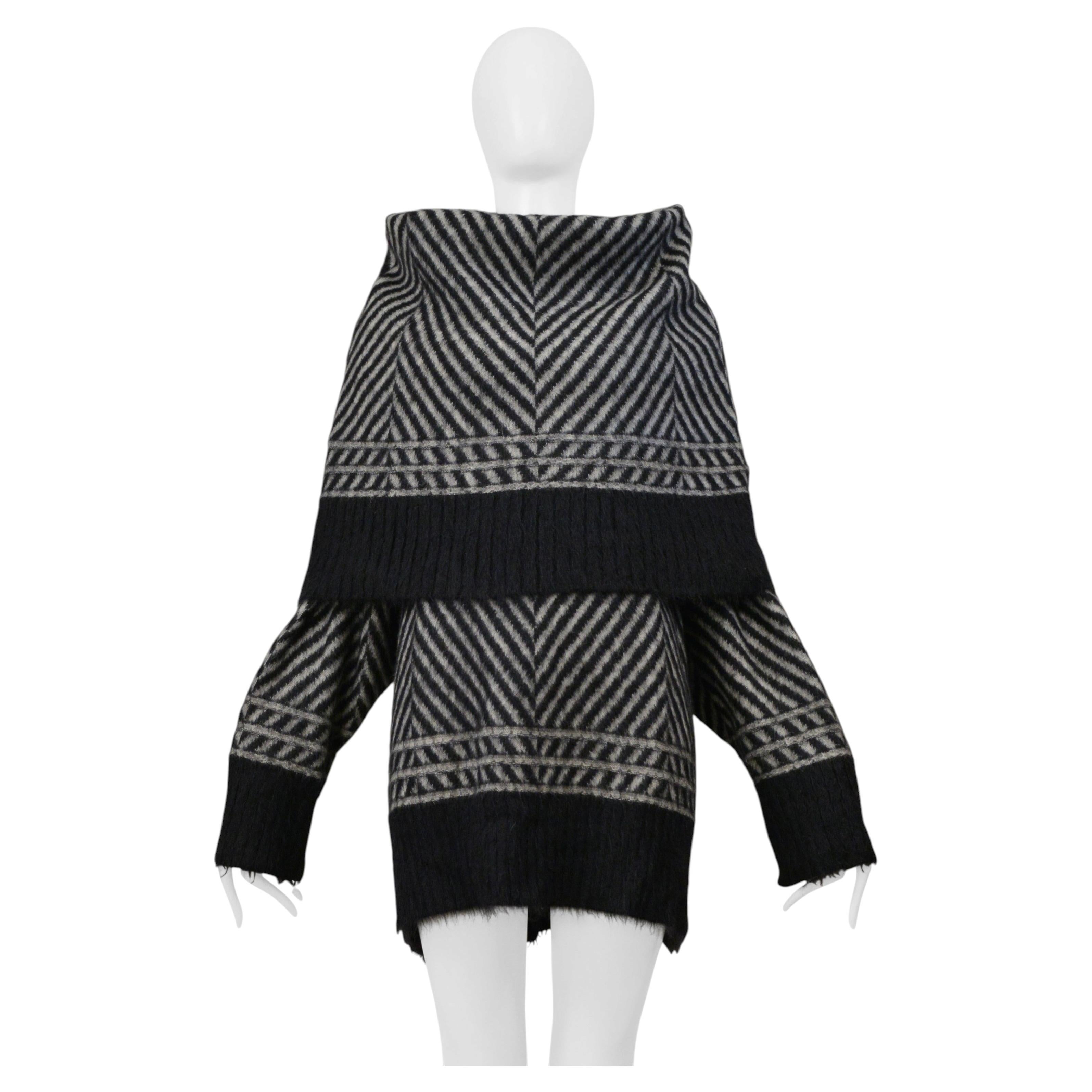 John Galliano Black And Gray Chevron Mohair Sweater With Oversized Neck 1999