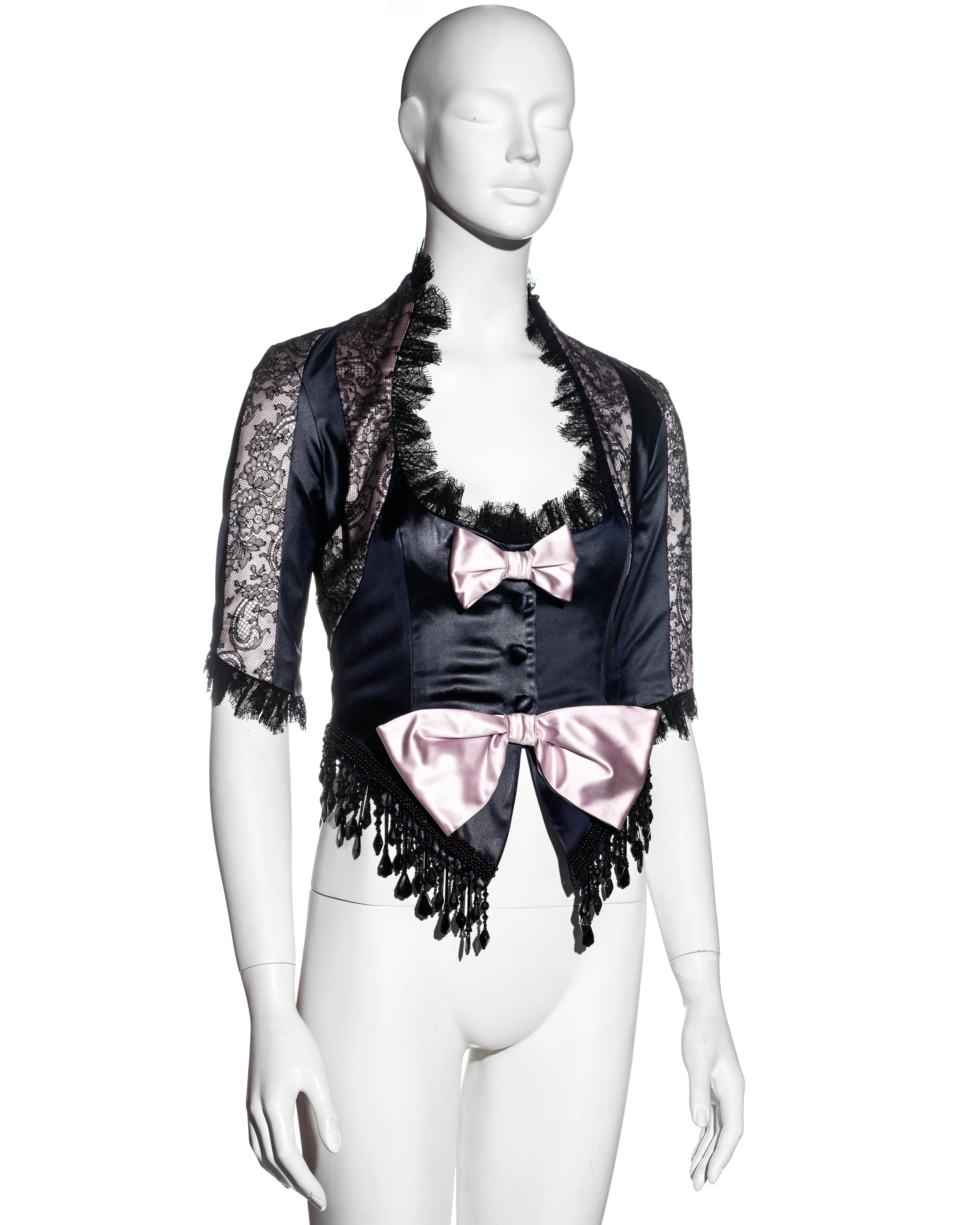 Black John Galliano black and pink satin and lace long-sleeve corset, ss 1994