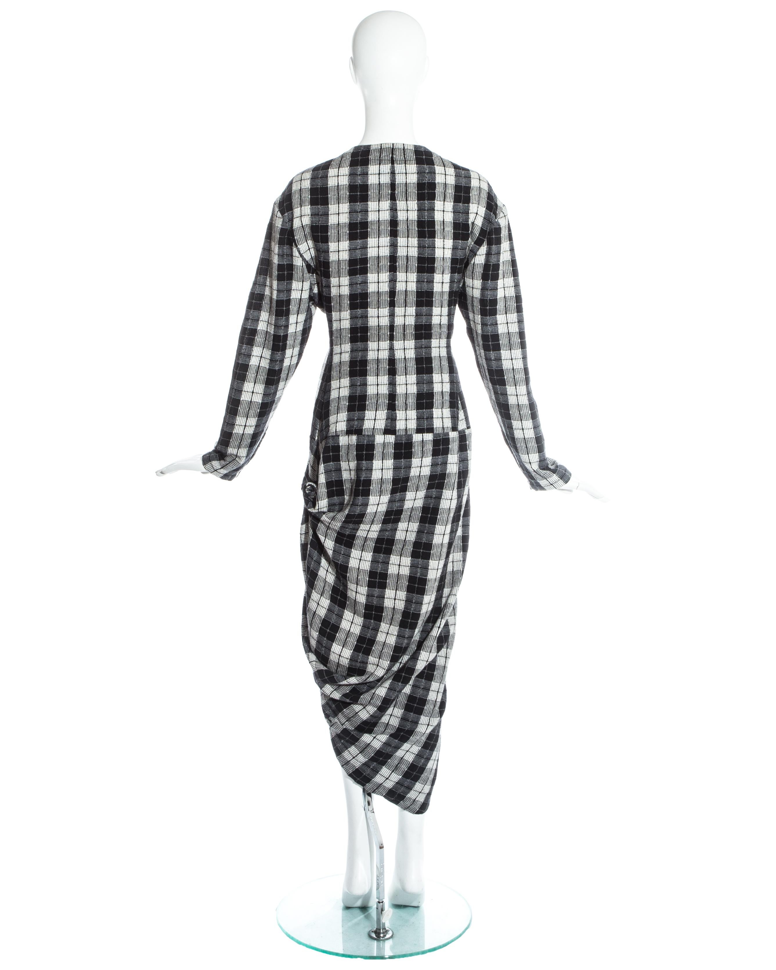 John Galliano black and white plaid cotton draped bustled shirt dress, fw 1987 For Sale 2