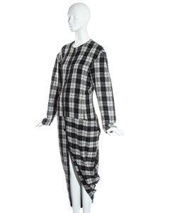 John Galliano black and white plaid cotton draped bustled shirt dress, fw 1987