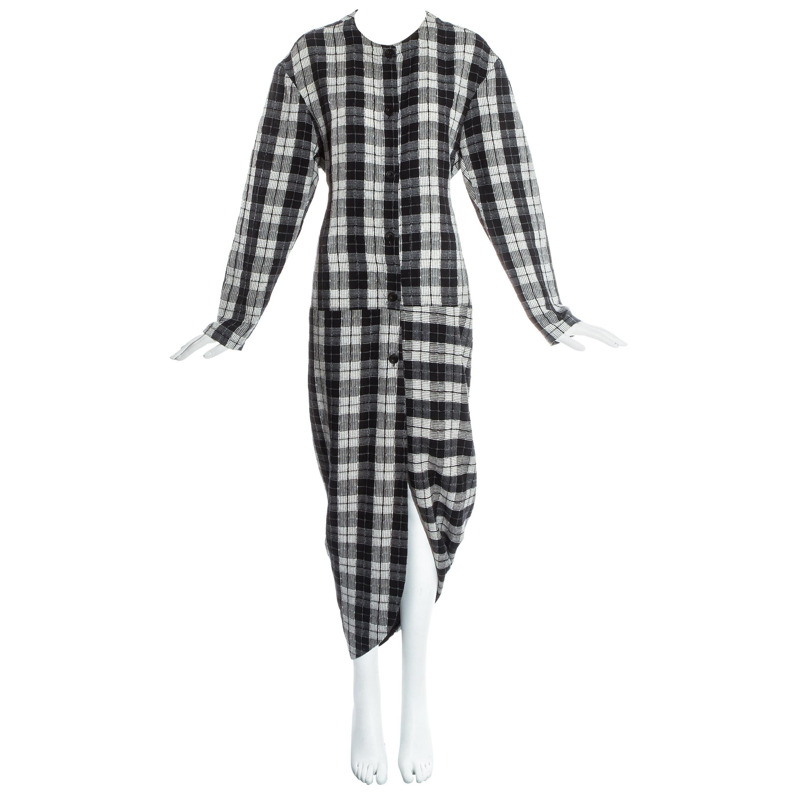 John Galliano black and white plaid cotton draped bustled shirt dress, fw 1987 For Sale