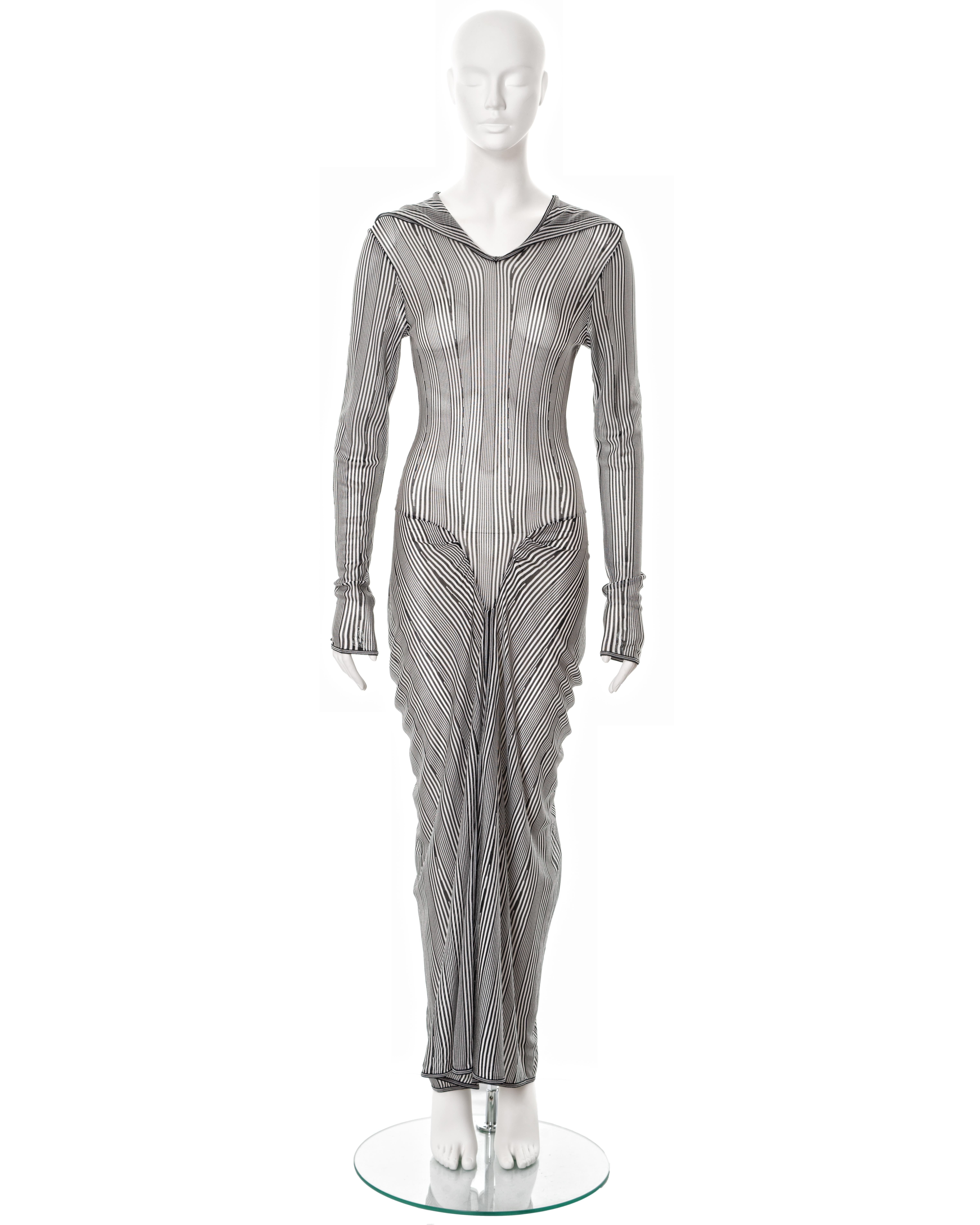 John Galliano black and white striped viscose knit hooded dress, ss 2002 In Excellent Condition For Sale In London, GB