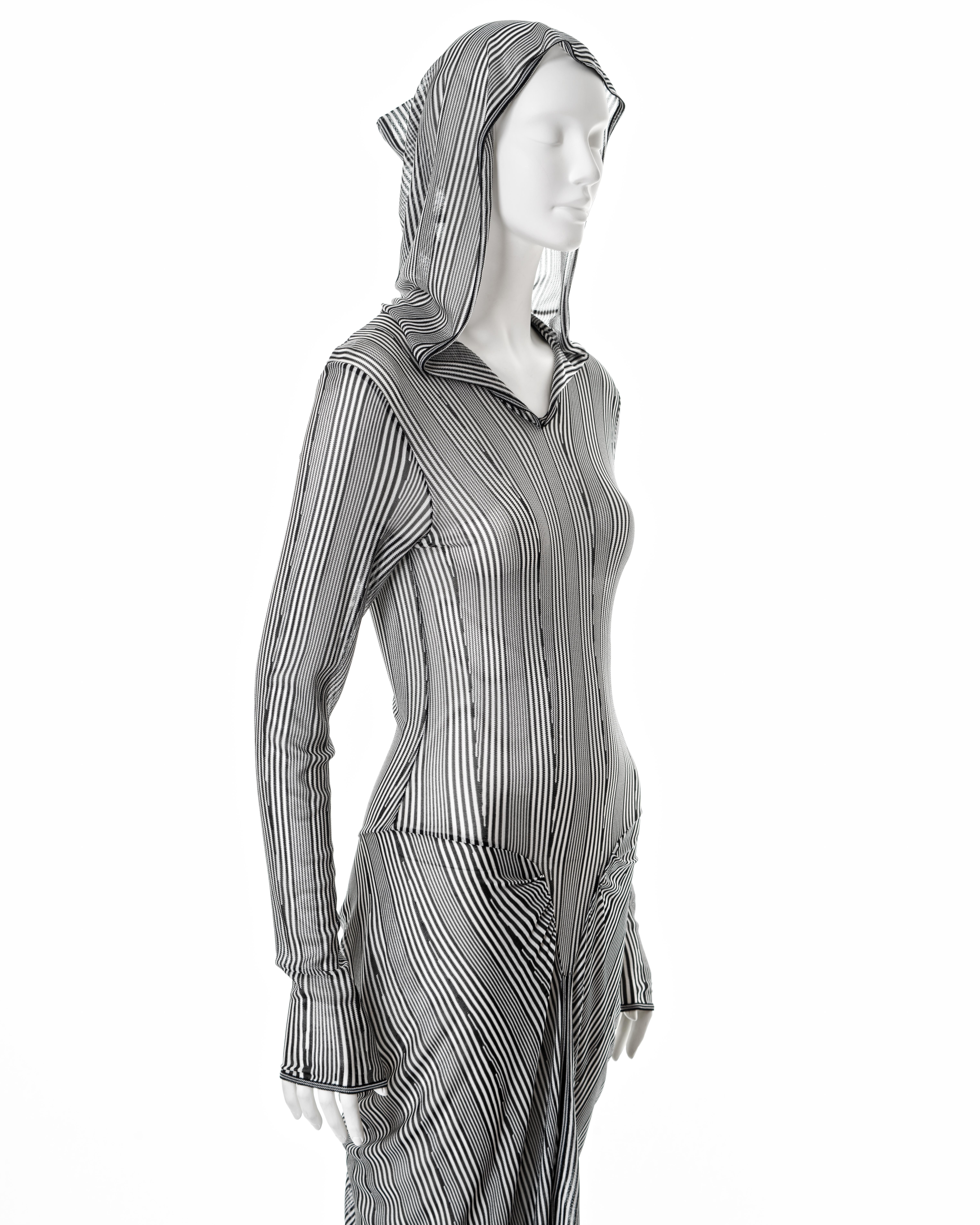 John Galliano black and white striped viscose knit hooded dress, ss 2002 For Sale 1