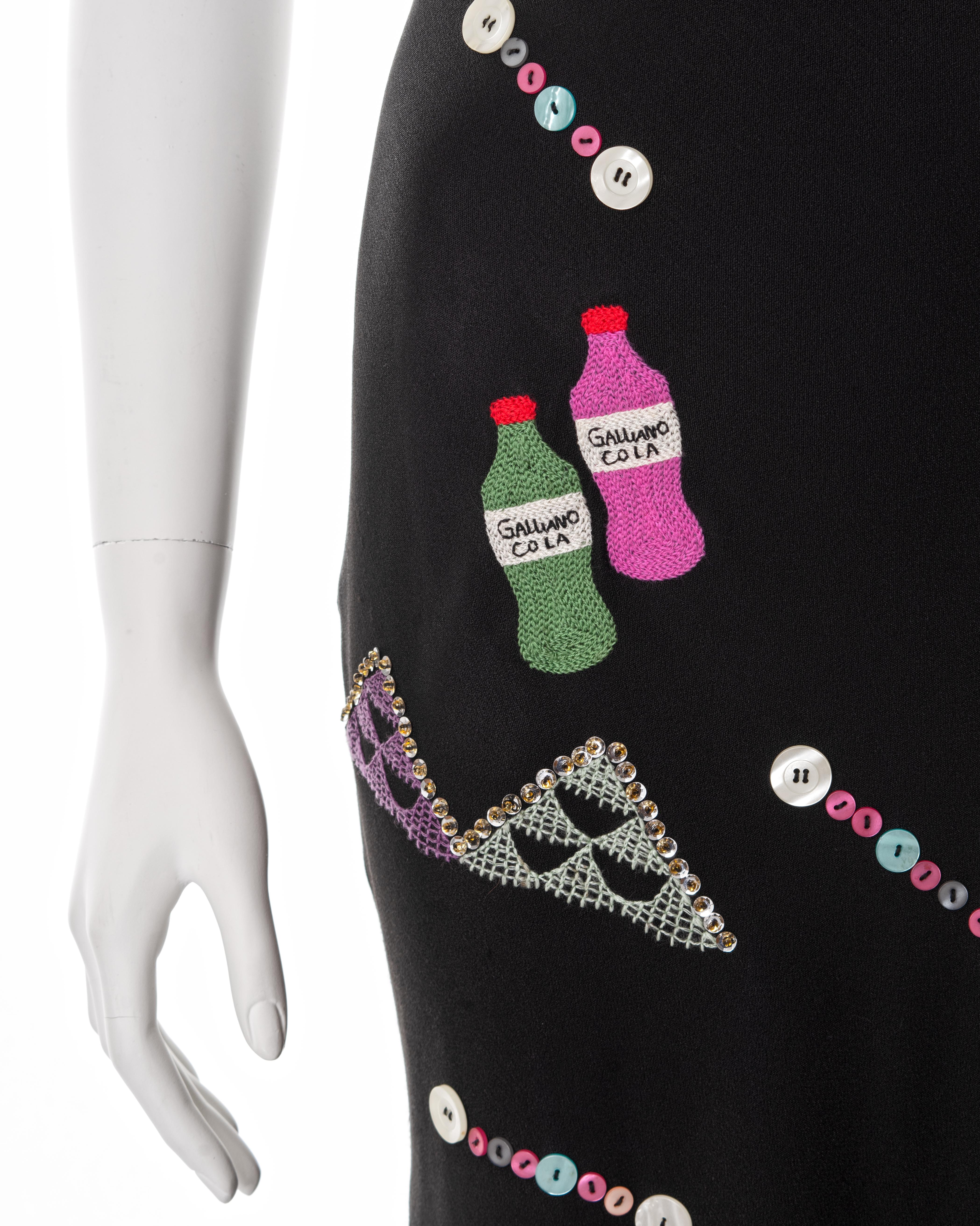 John Galliano black bias-cut embroidered crepe evening dress, fw 2004 In Excellent Condition For Sale In London, GB
