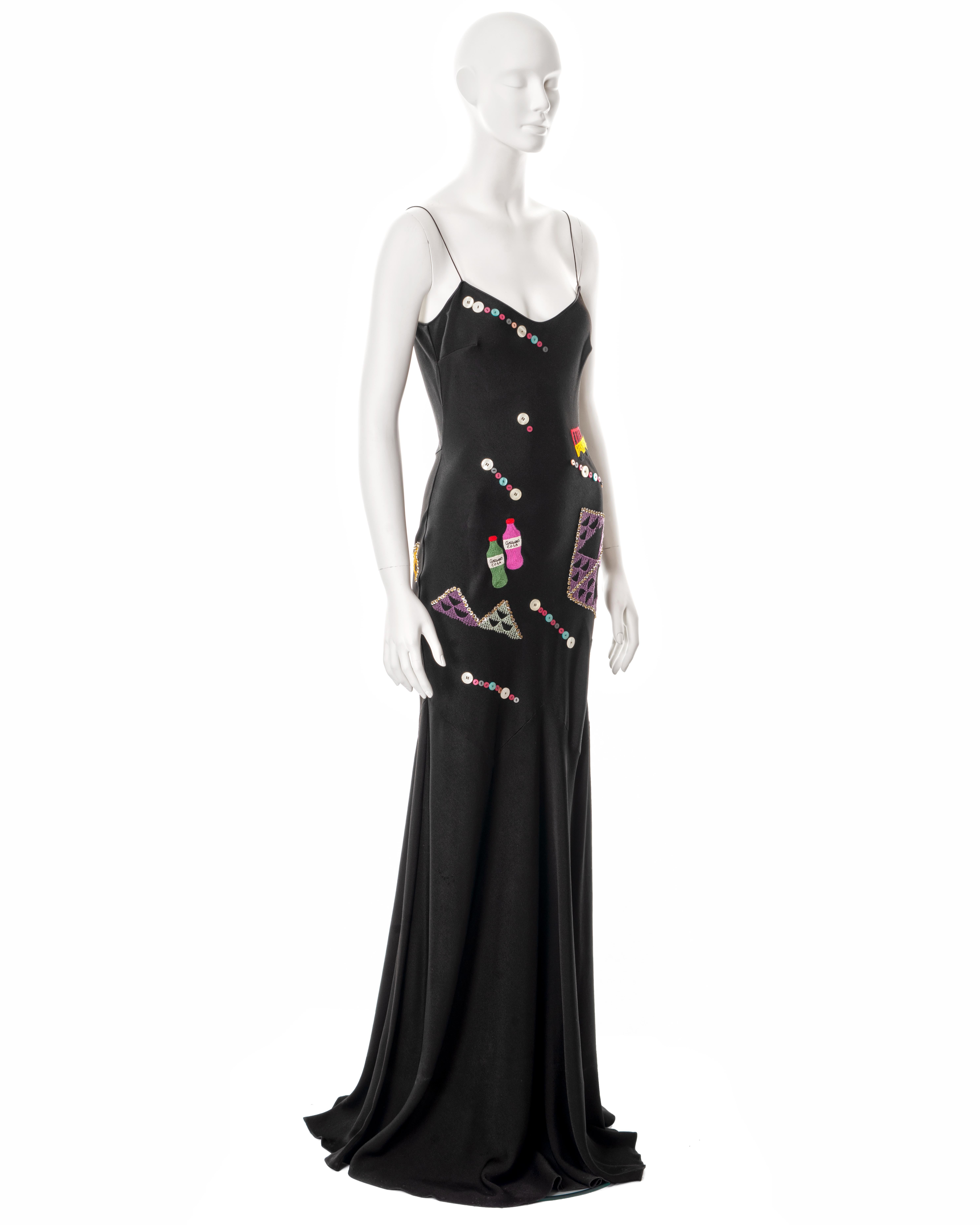 John Galliano black bias-cut embroidered crepe evening dress, fw 2004 For Sale 1