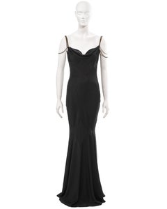 John Galliano black bias-cut satin evening dress with chain straps, ss 2002