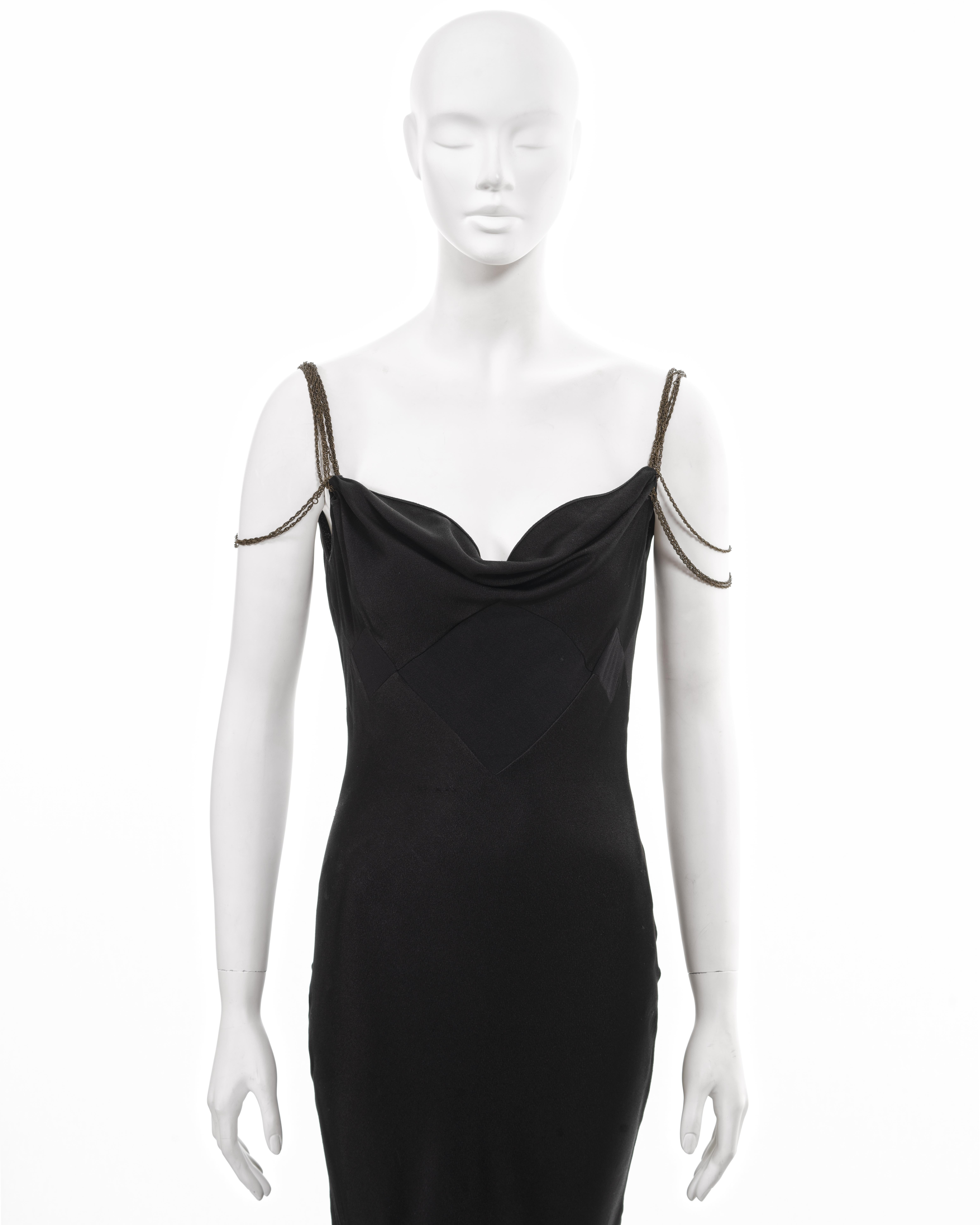John Galliano black bias-cut satin evening dress with chain straps, ss 2002 In Excellent Condition For Sale In London, GB
