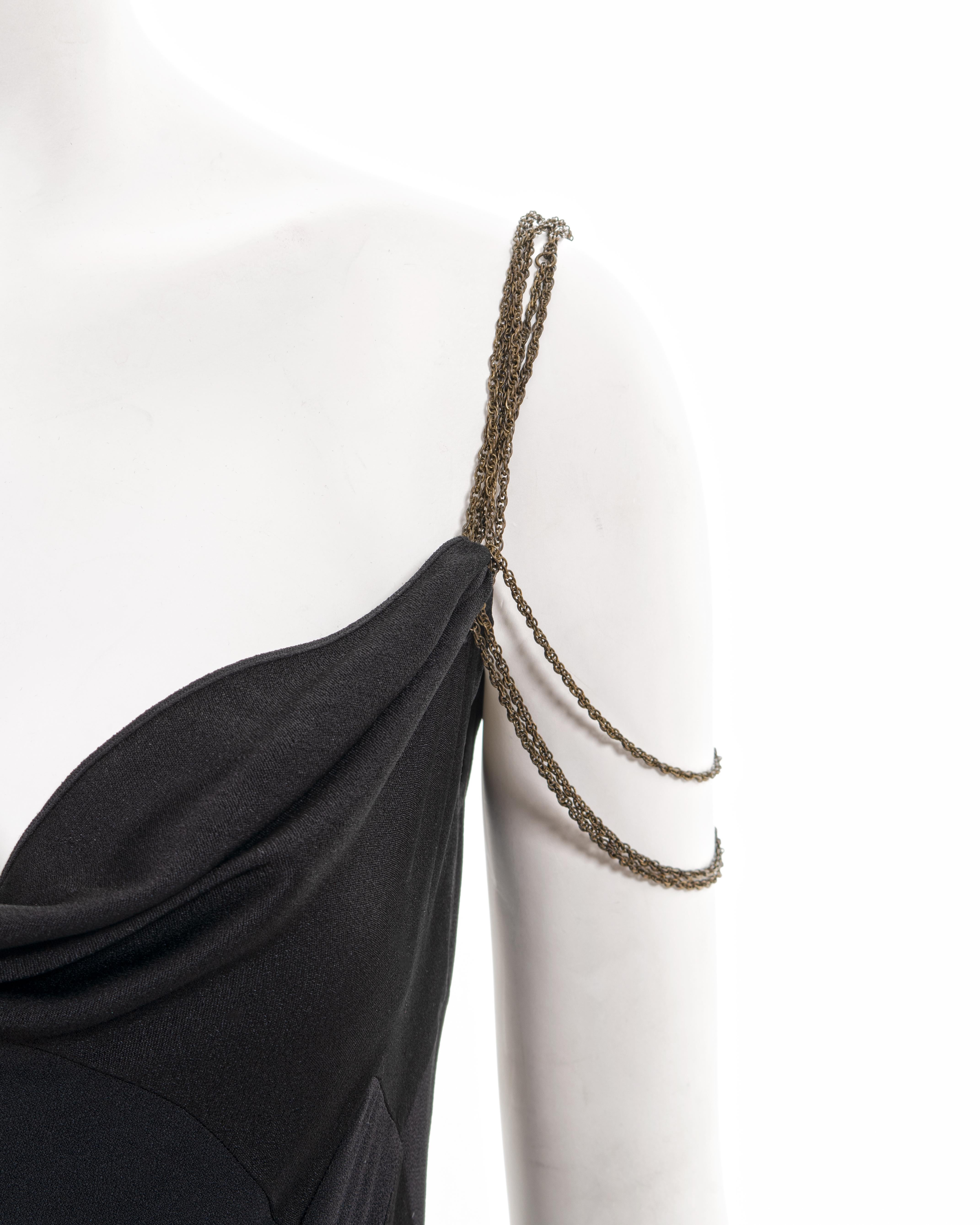 Women's John Galliano black bias-cut satin evening dress with chain straps, ss 2002 For Sale