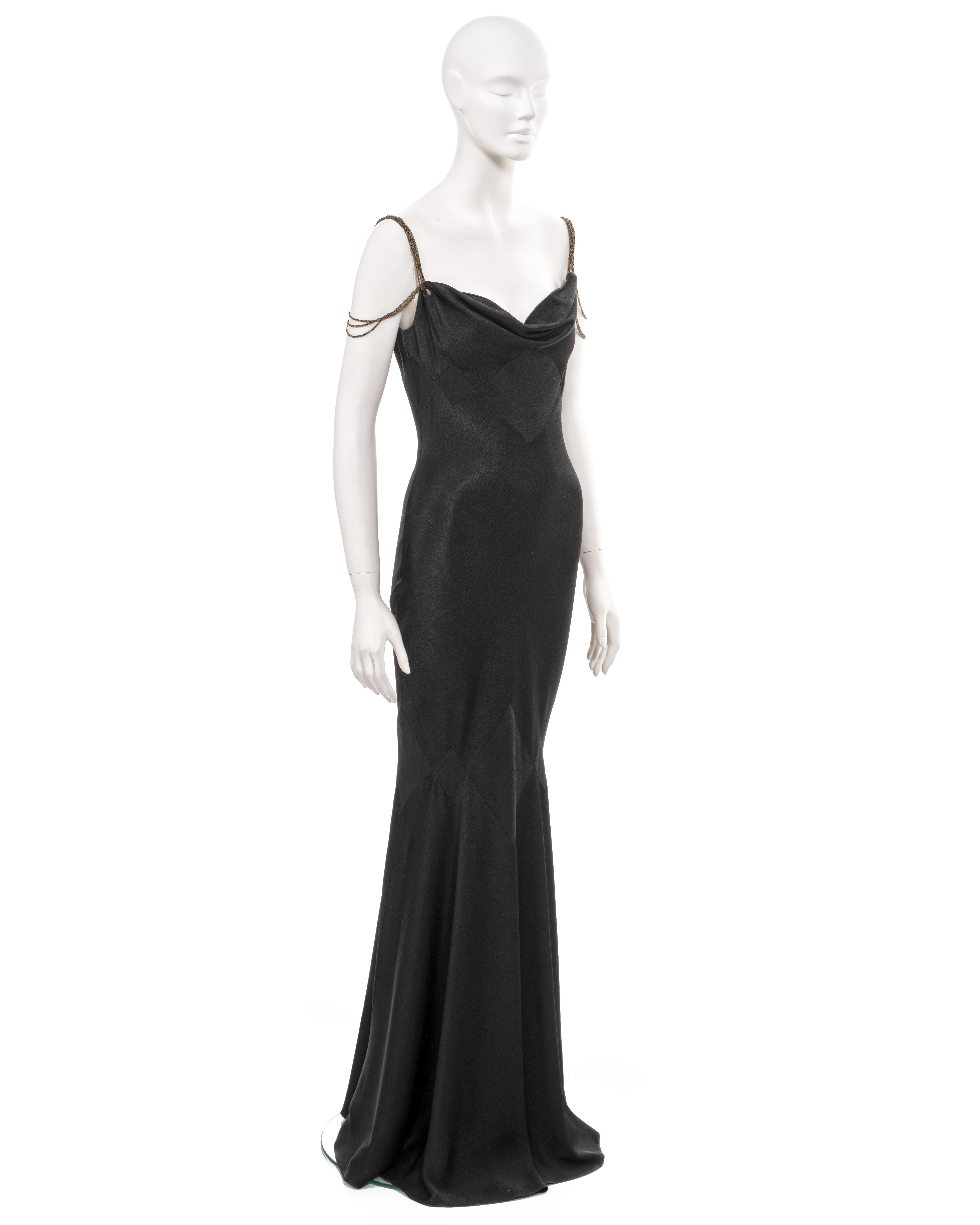 John Galliano black bias-cut satin evening dress with chain straps, ss 2002 For Sale 1