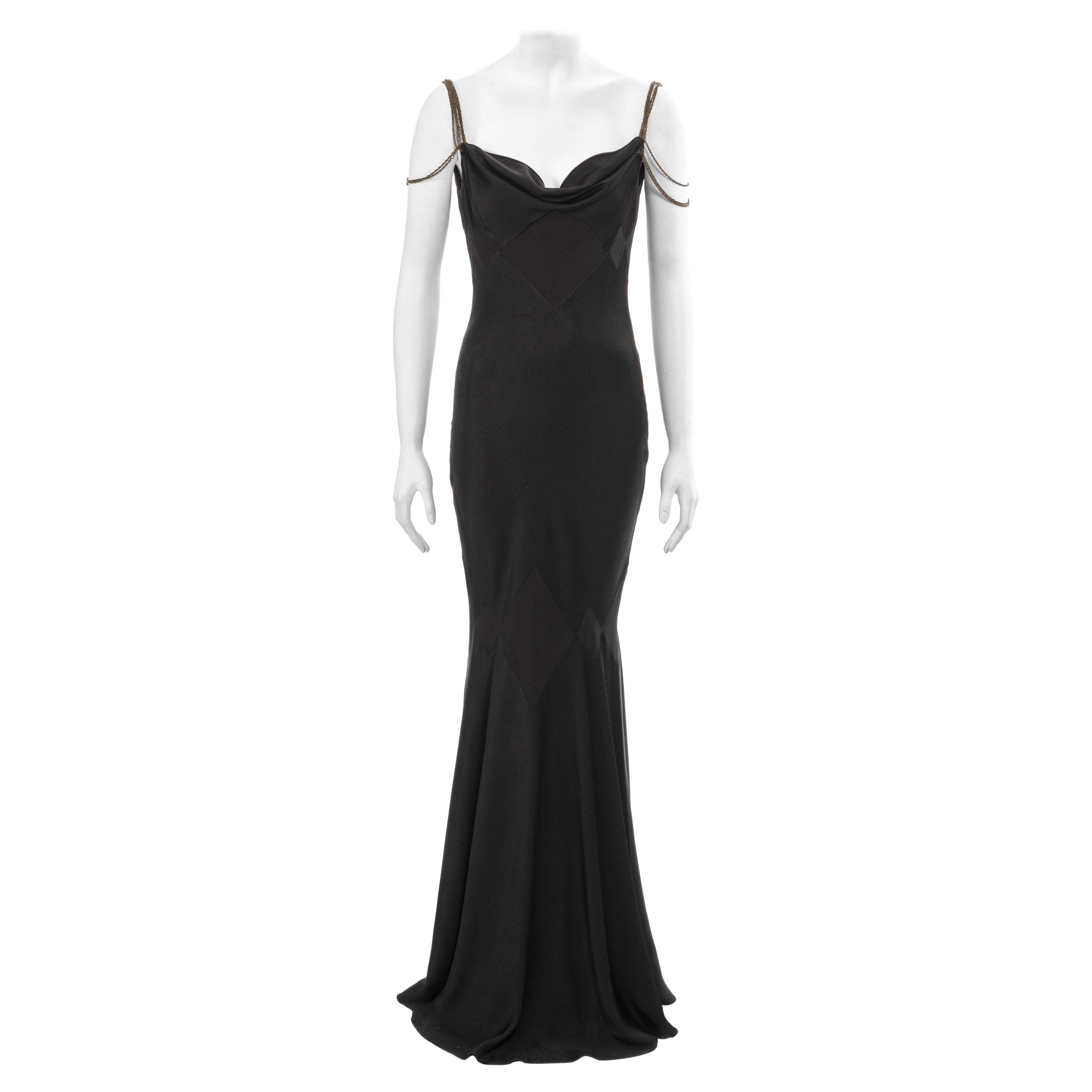 Schwarzes schräg geschnittenes Satin-Abendkleid von John Galliano mit Kettenriemen, Frühjahr/Sommer 2002