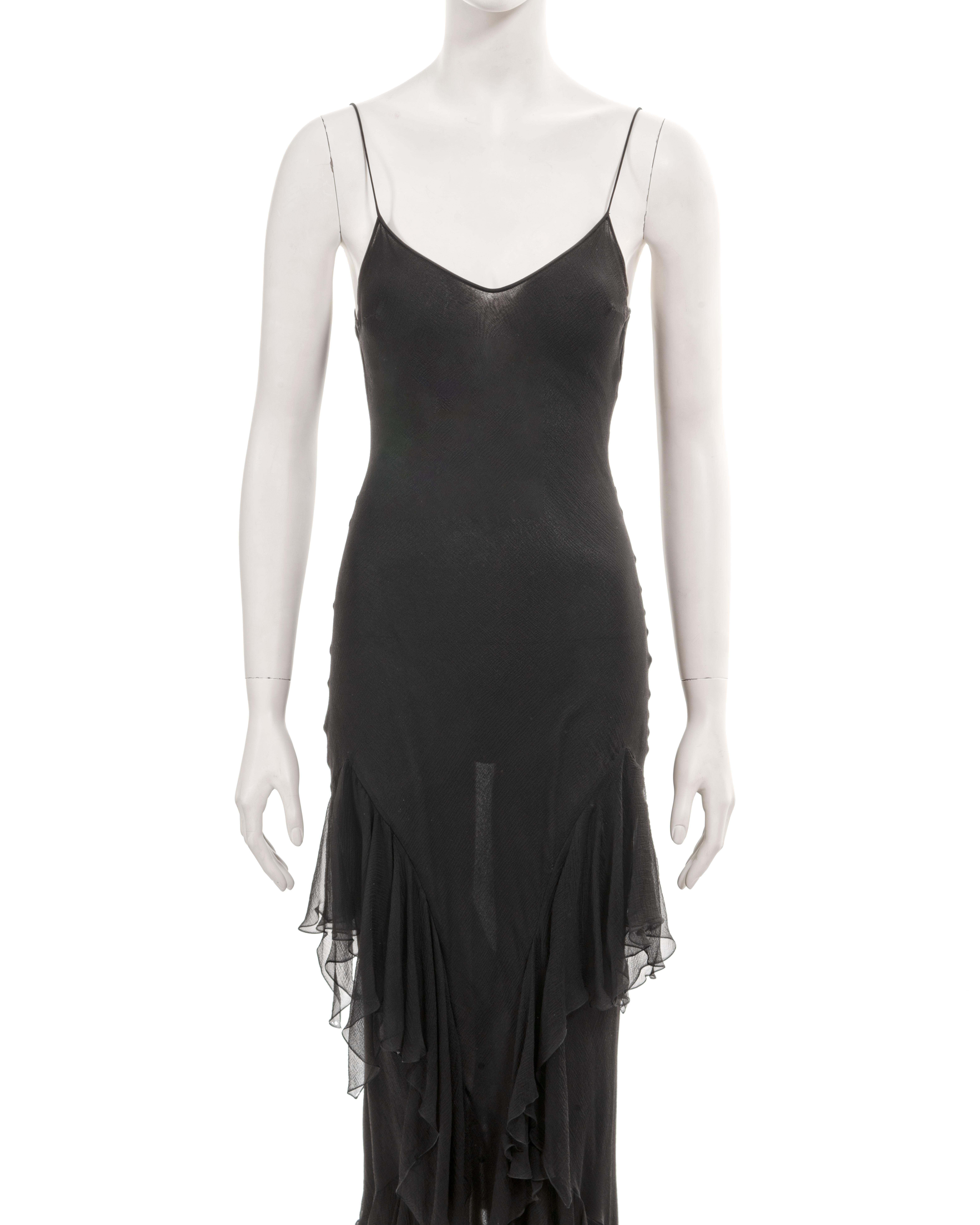 Women's John Galliano black bias-cut silk evening slip dress with ruffled skirt, fw 1997