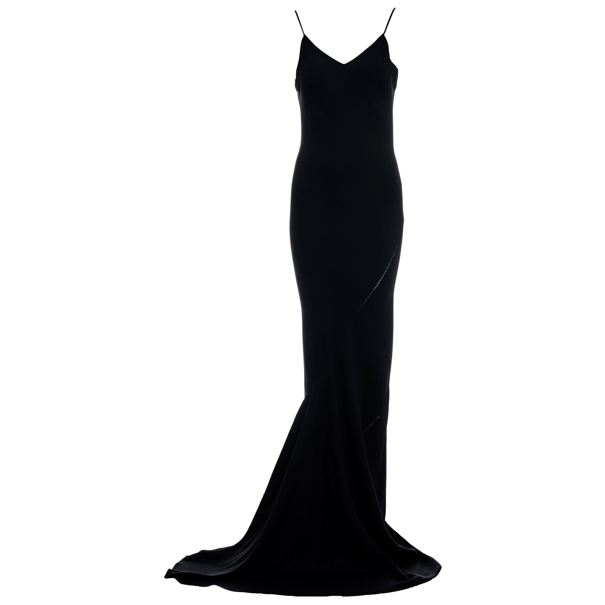 John Galliano black bias-cut trained slip dress, ss 1994 For Sale